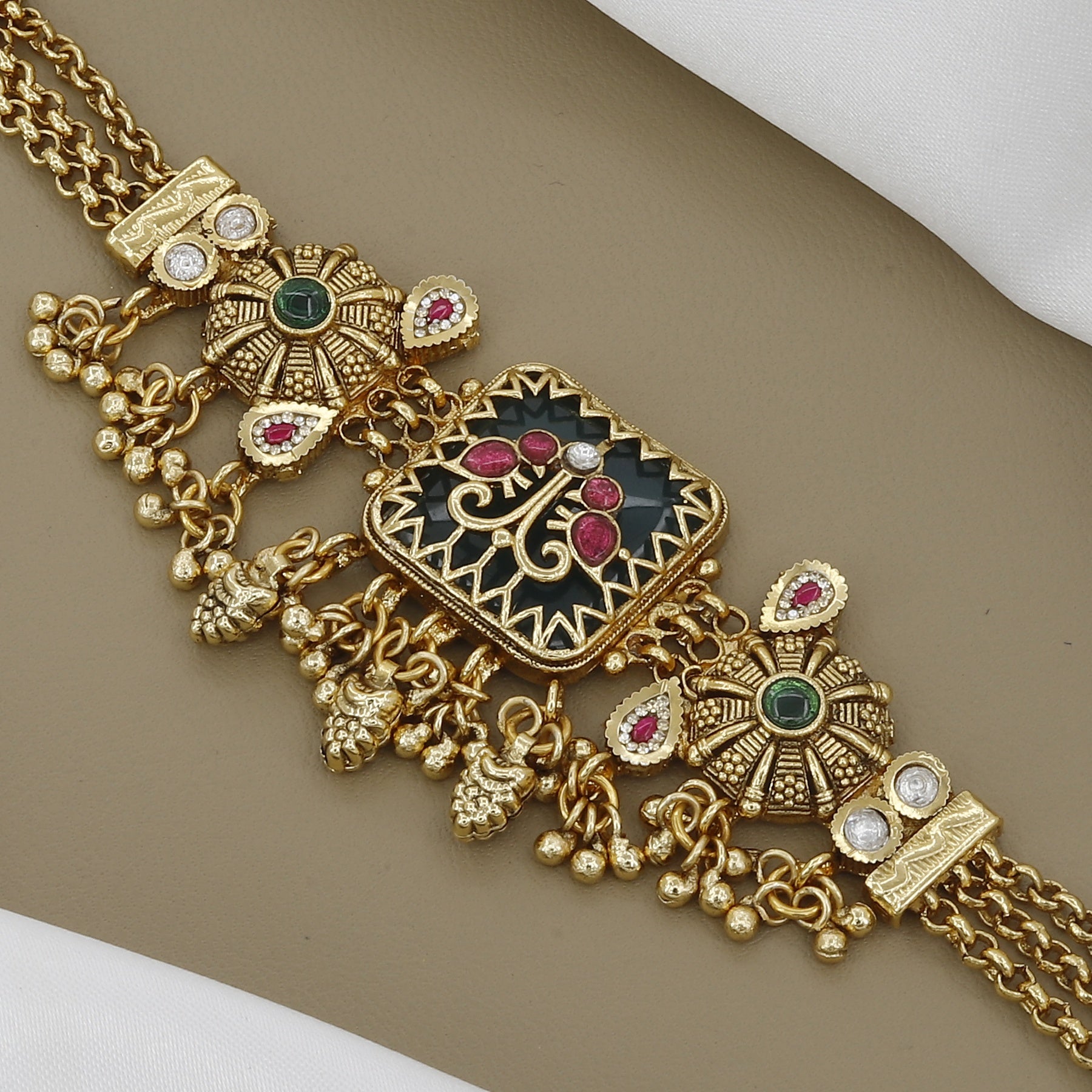 Geometric Antique Bracelet with Ruby & Green Gemstones