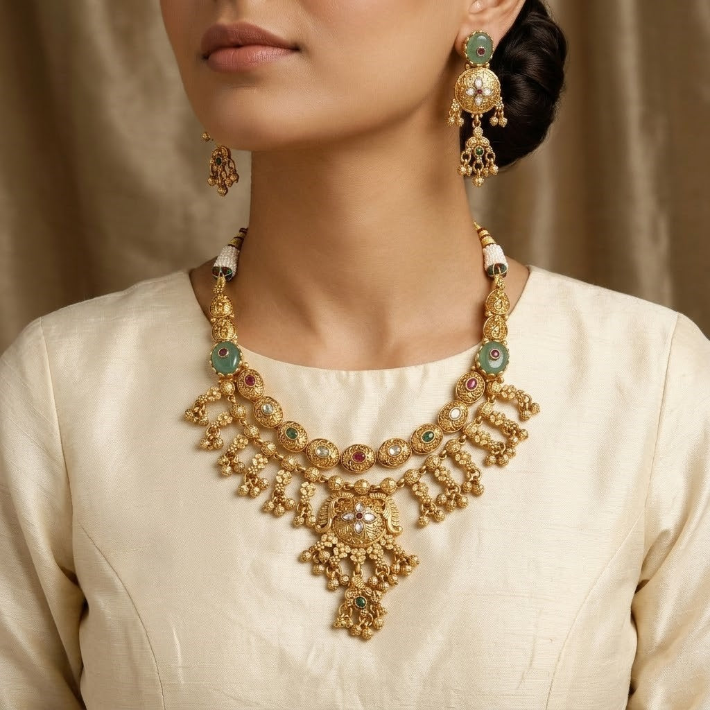Traditional Gold Festive Necklace Set with Ghungroo Drops