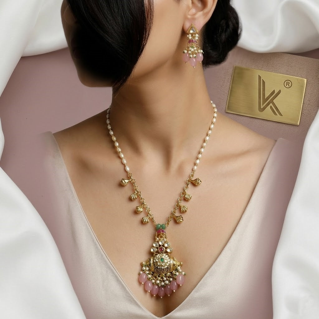Ethnic Pearl & Kundan Necklace With Earrings