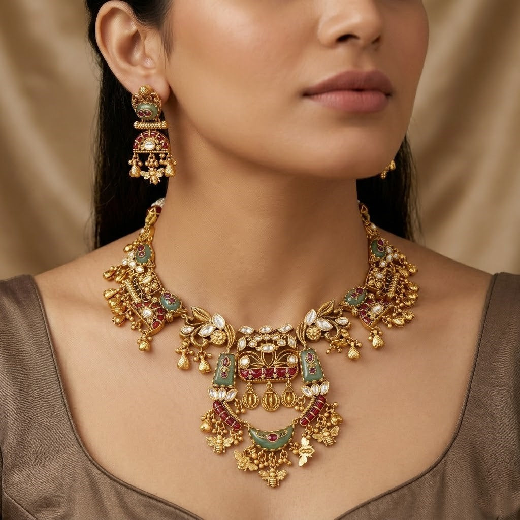 Antique Gold Floral Necklace Set with Bee Charms & Maang Tikka