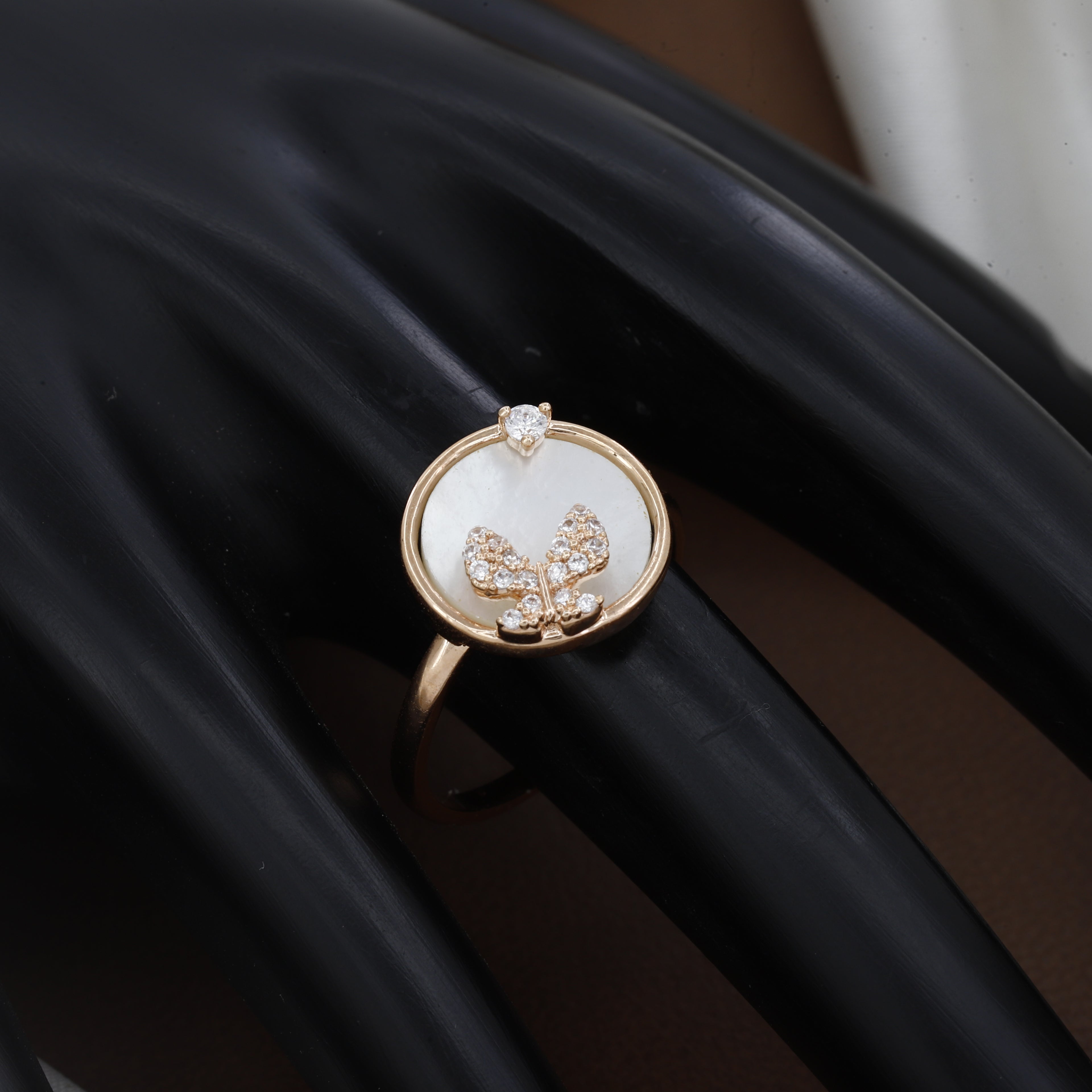 Elegant Mother-of-Pearl Butterfly Medallion Ring in 14K Gold-Plated Finish