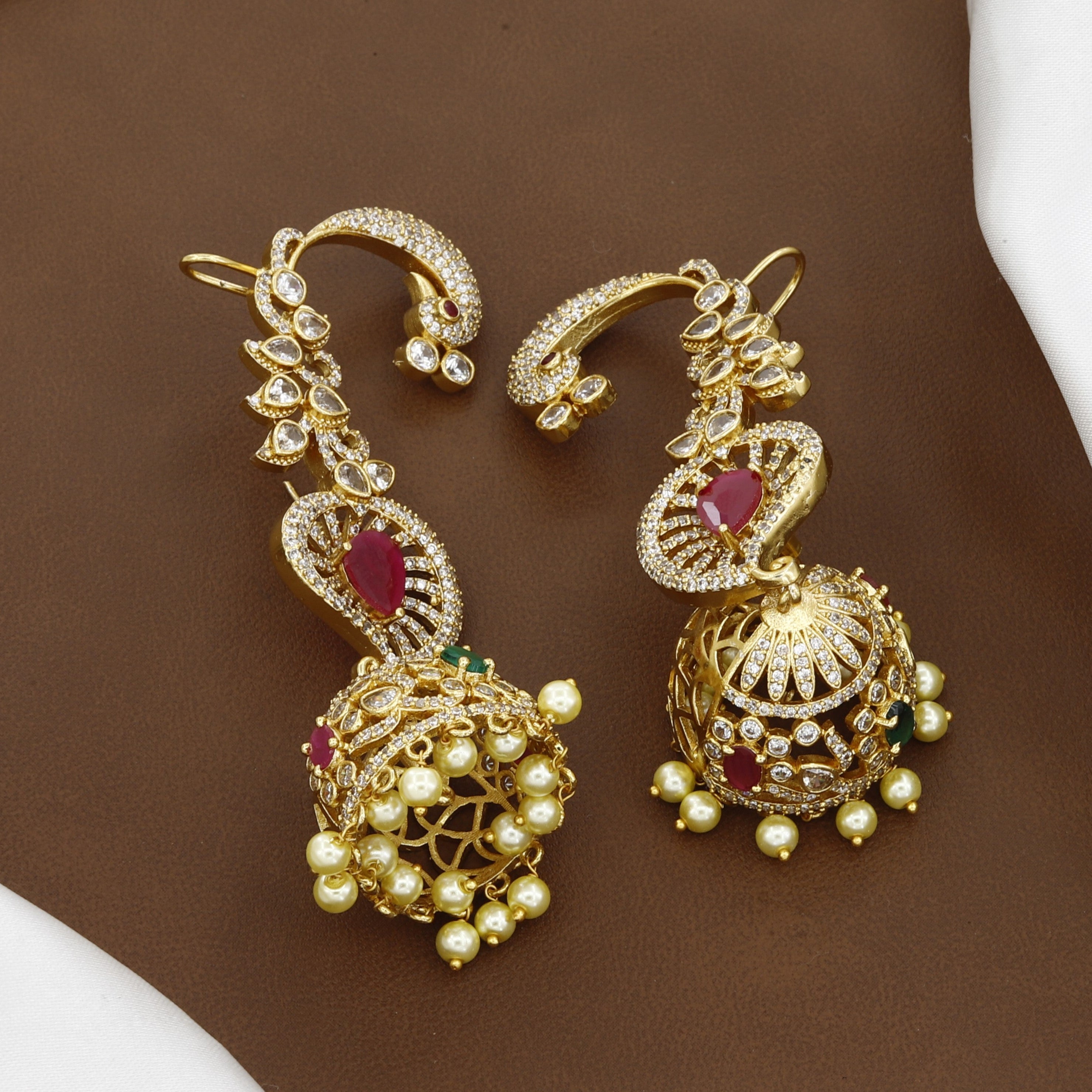 Gold-Plated Royal Ruby & Pearl Jhumka Ear Cuffs