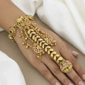 Antique Gold Finish Floral & Leaf Hathpanja with Ruby Green Stones