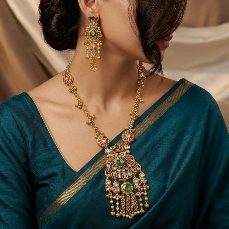 Regal Gold-Plated Meenakari & Polki Jhumki Necklace Set
