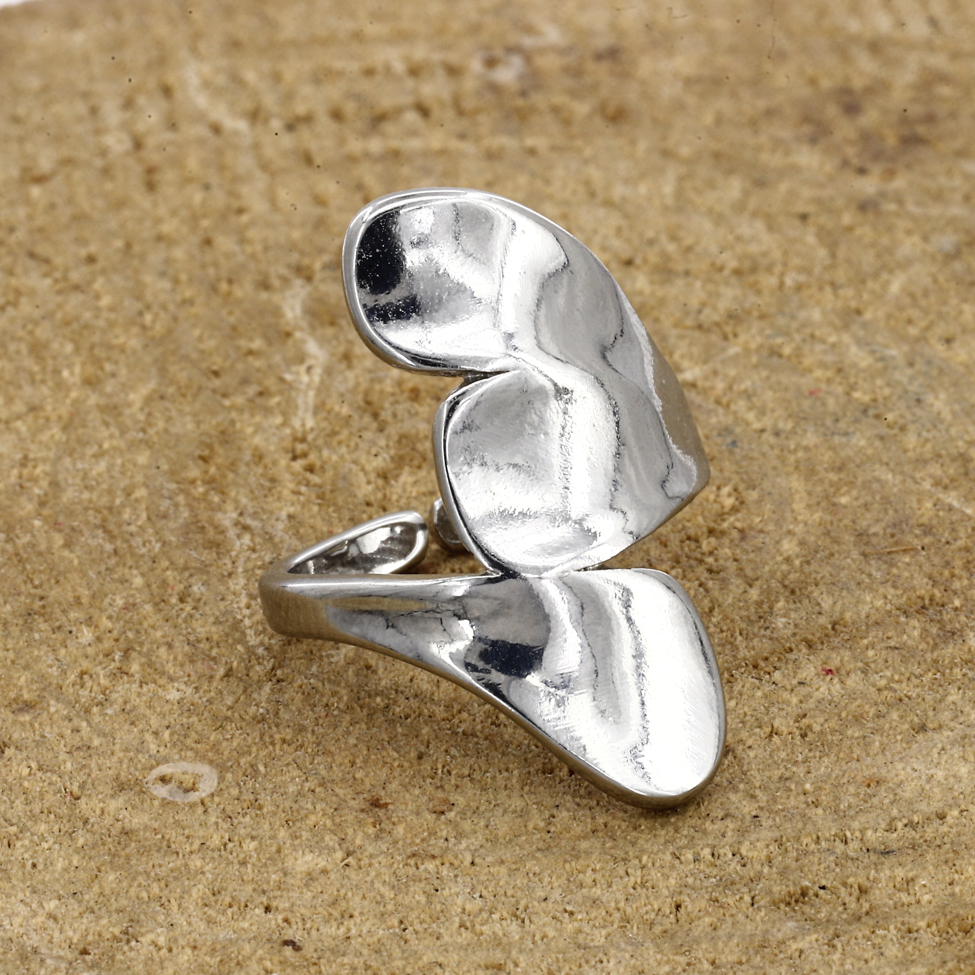 Sculptural Silver Toned Wave Adjustable Ring