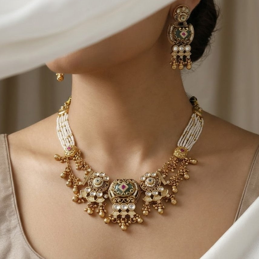 Exquisite Pearl & Green Meenakari Kundan Necklace Set with Matching Earrings