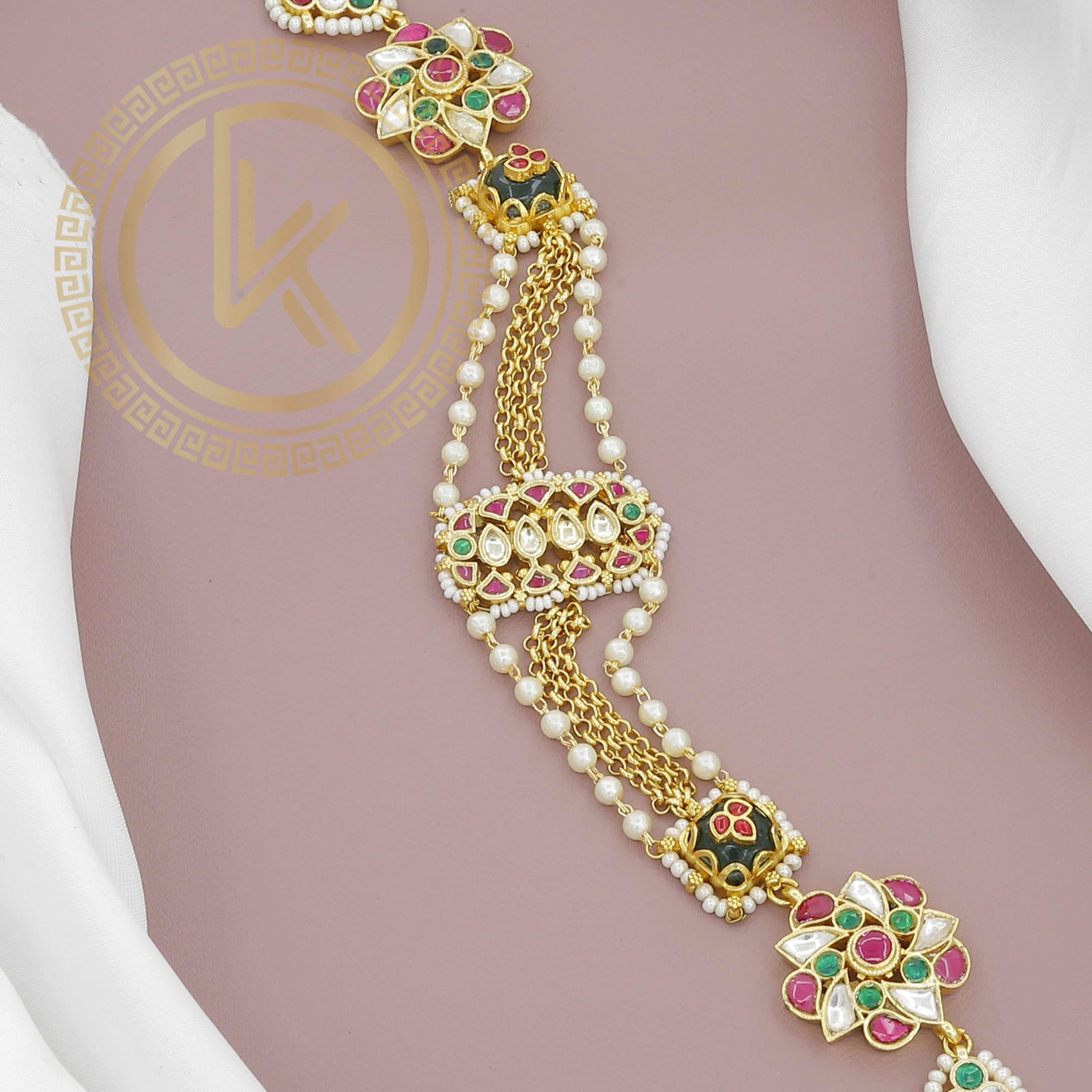 Elegant Multicolor Kundan Matha Patti with Pearl Chains