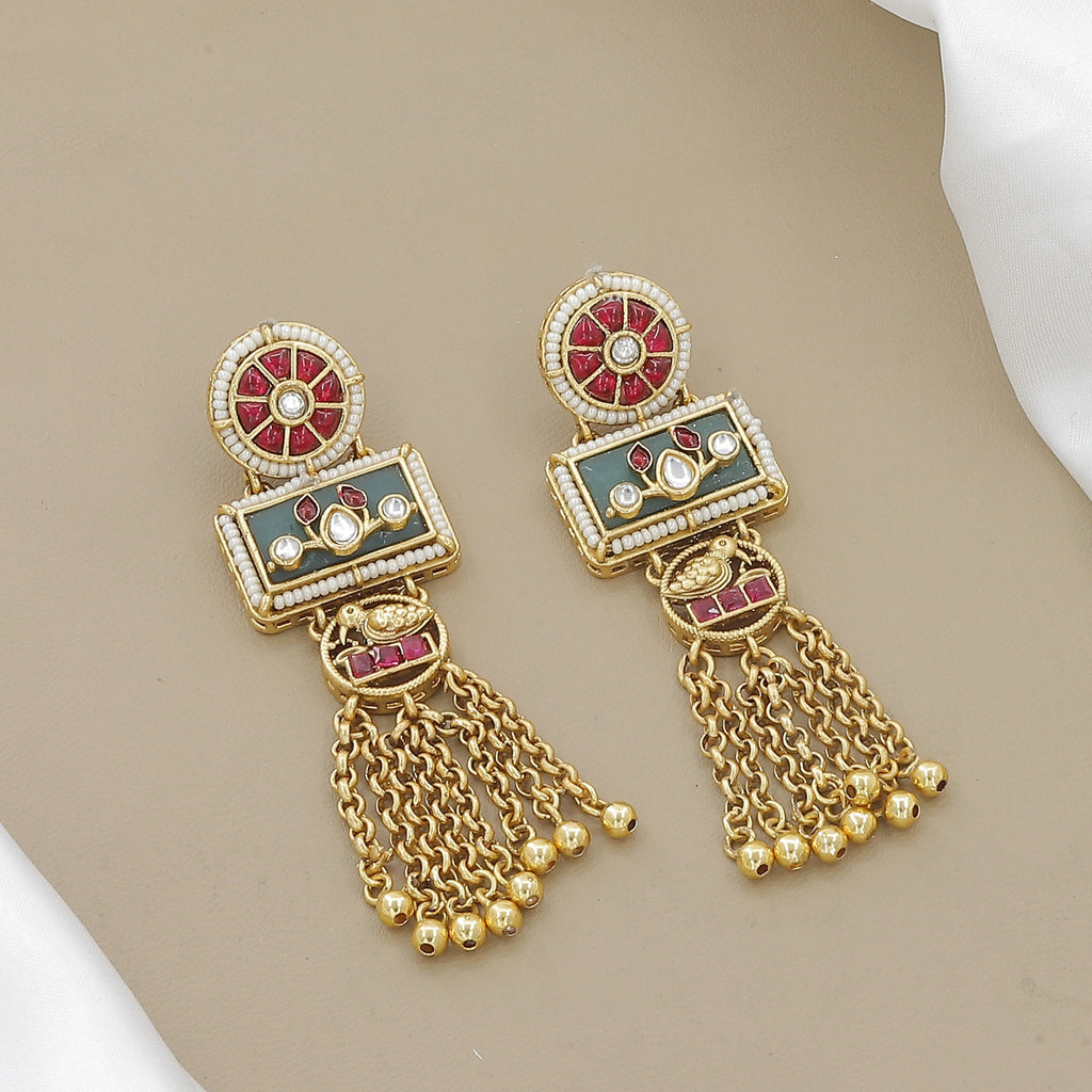 Rectangular Enamel Pendant Necklace with Kundan & Gold Chains