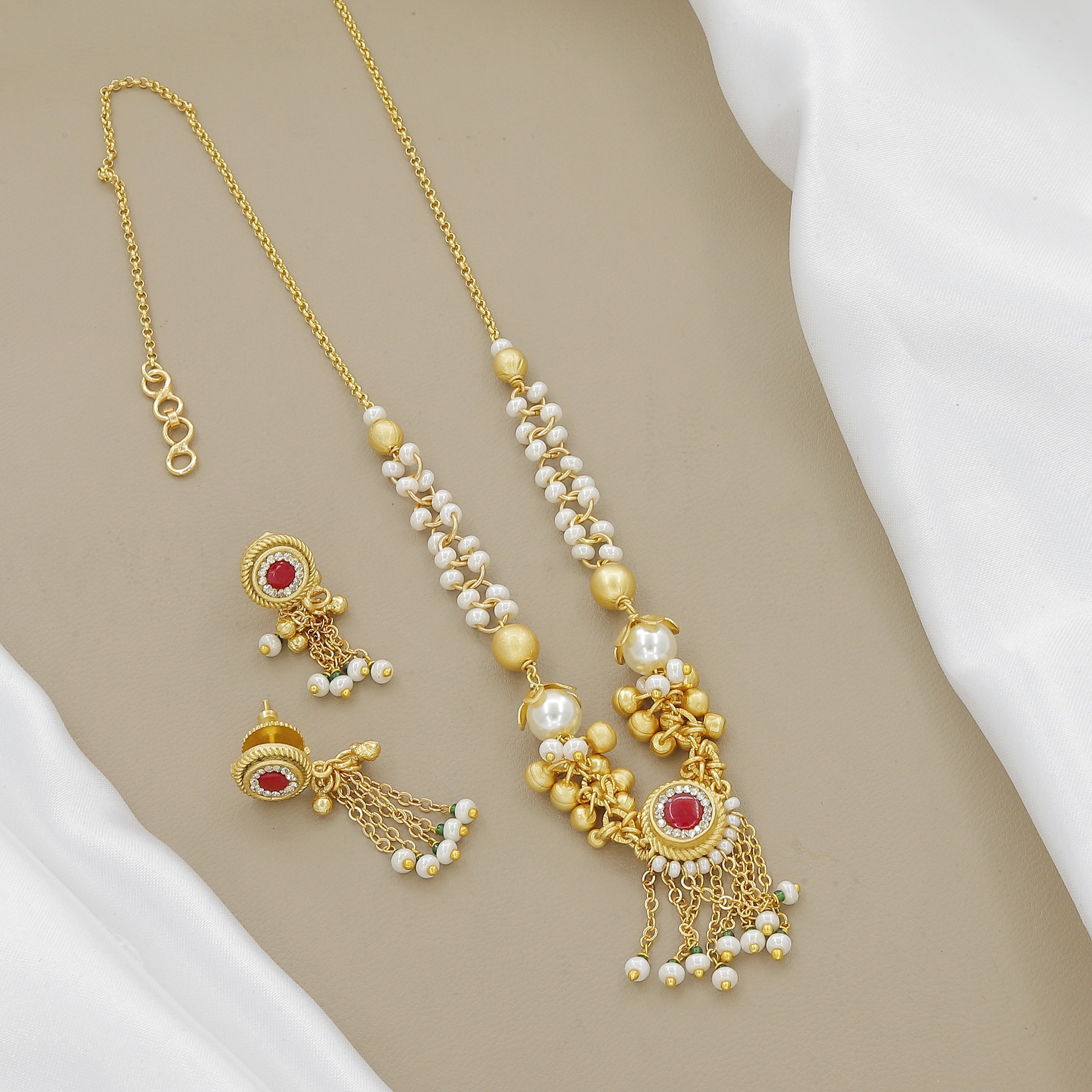 Traditional Gold-Toned Red Stone & Pearl Necklace Set with Dangling Earrings
