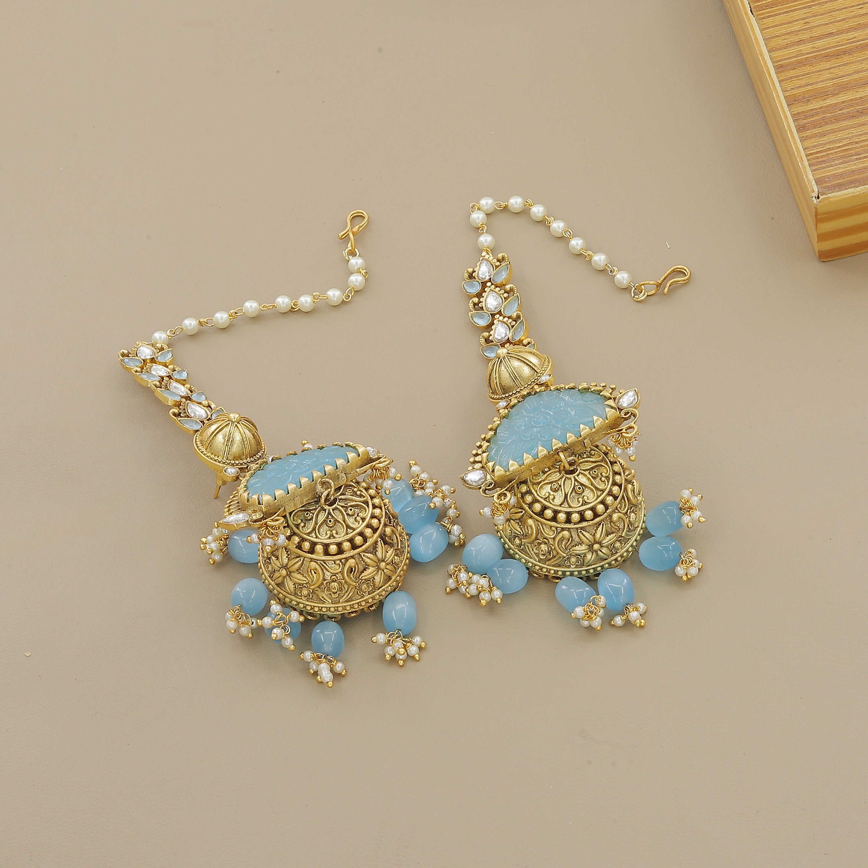 Traditional Gold Plated Pearl & Blue Stone Necklace Set