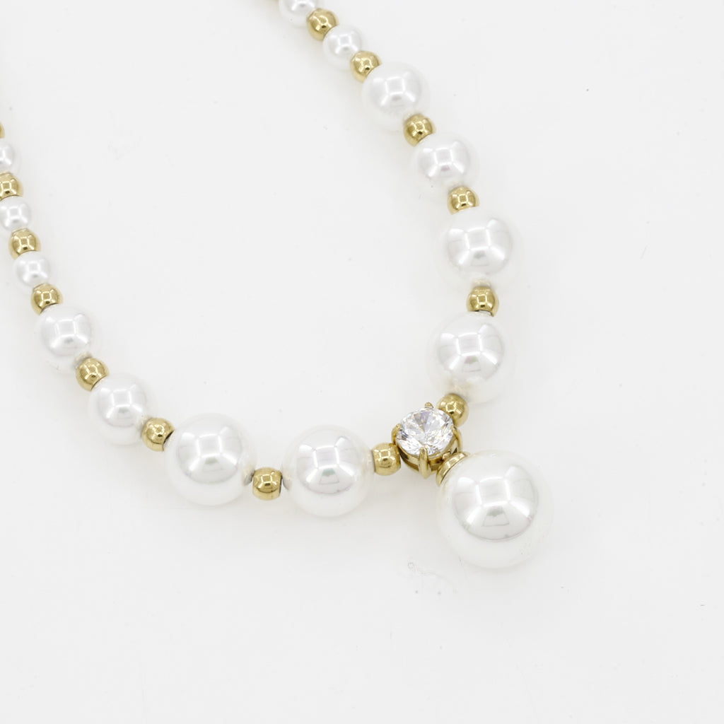 Pearl & Gold Beaded Necklace with Crystal Drop Pendant