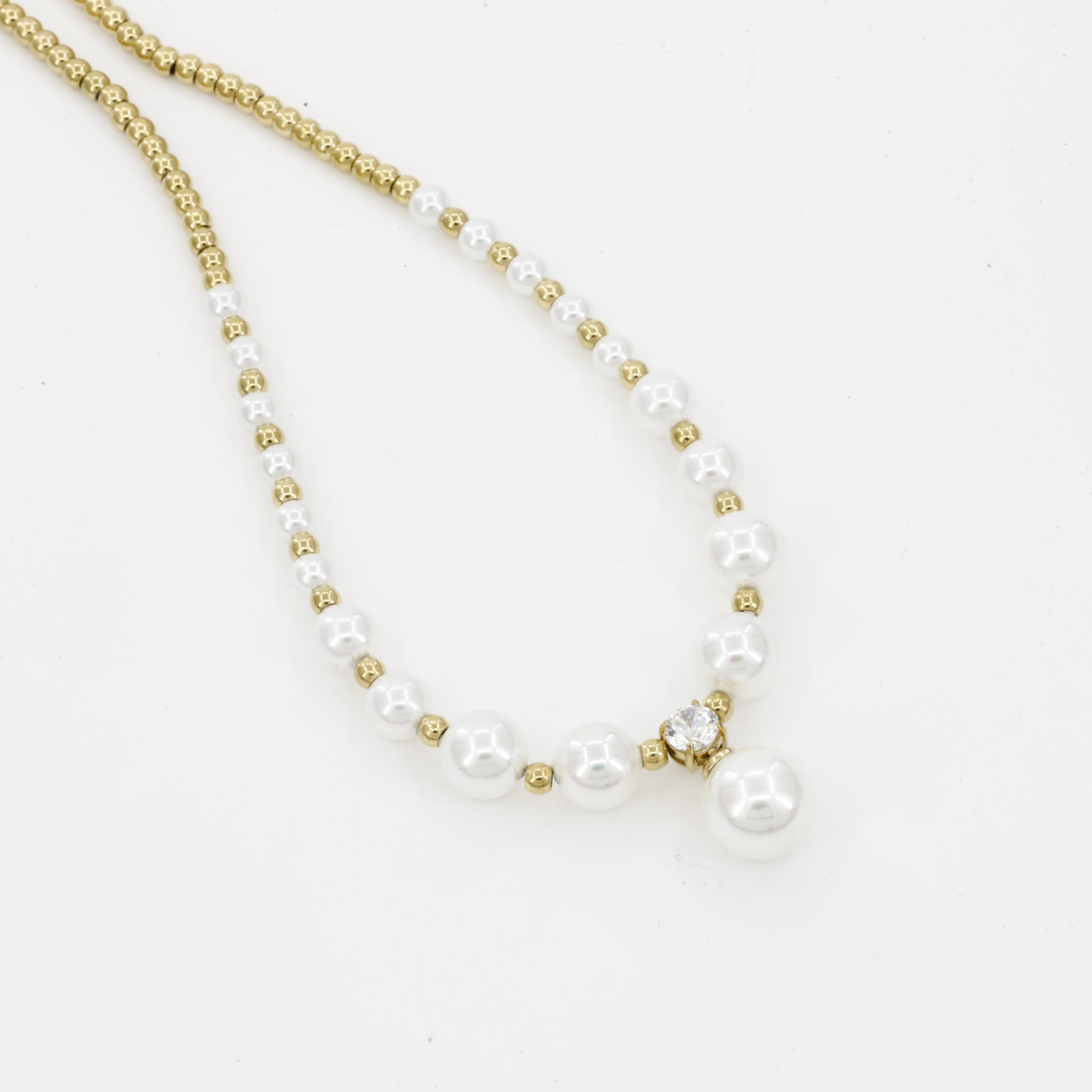Pearl & Gold Beaded Necklace with Crystal Drop Pendant
