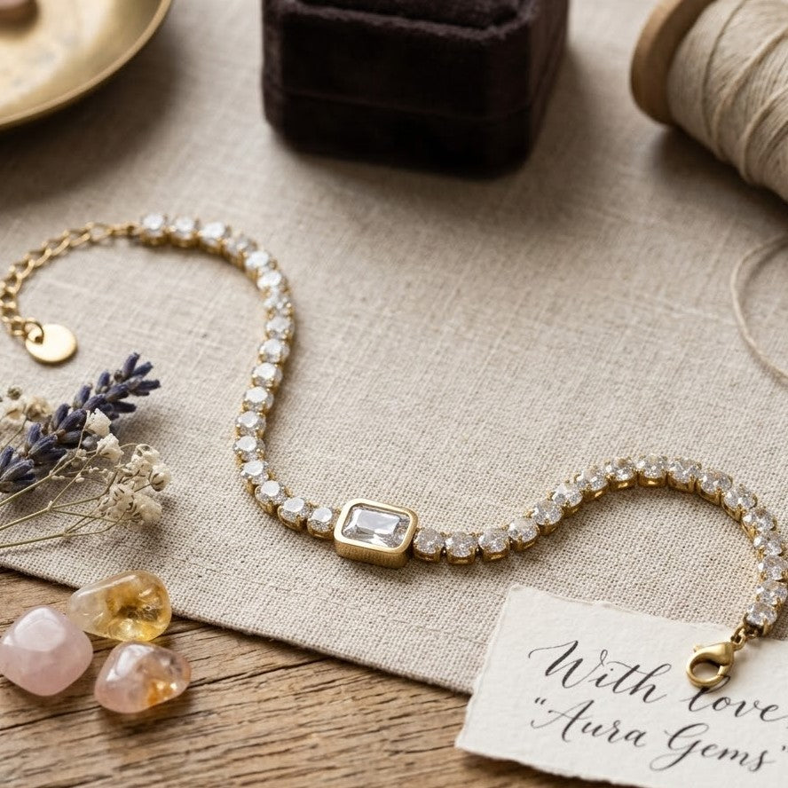Gold Tennis Bracelet with Emerald Cut Center Stone