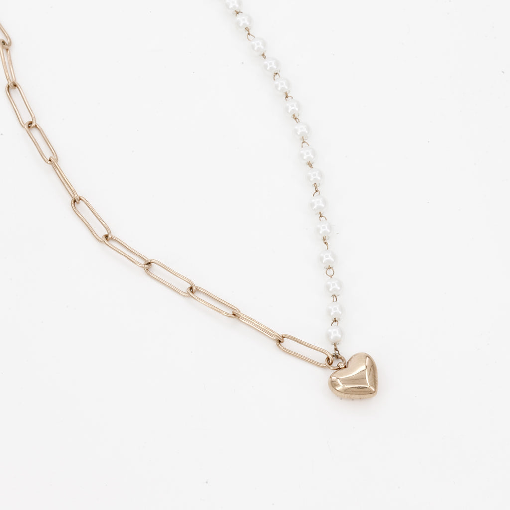 Heart Charm Asymmetrical Pearl & Gold Link Necklace