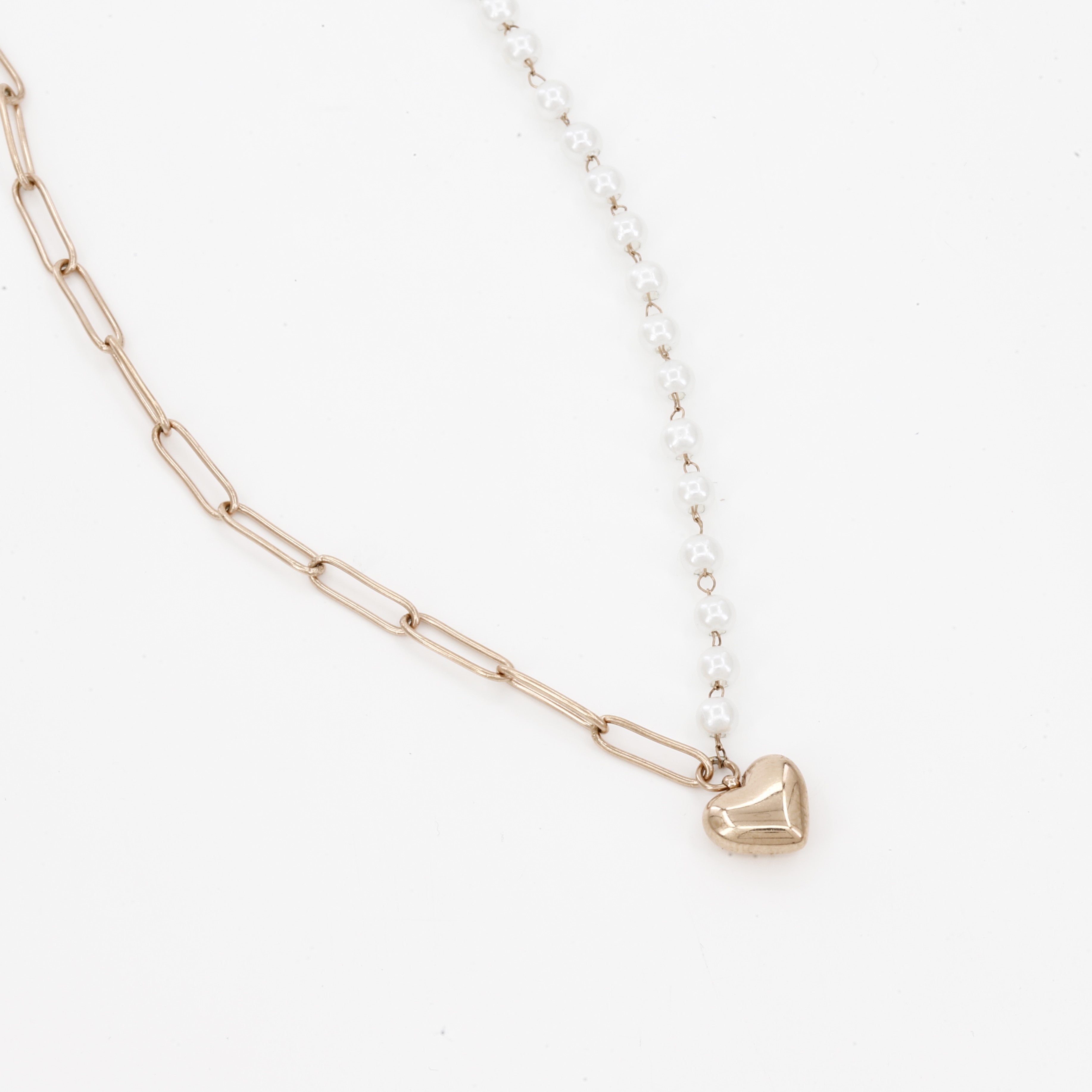 Heart Charm Asymmetrical Pearl & Gold Link Necklace