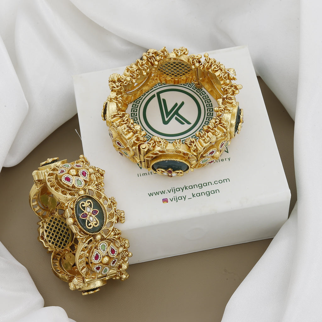 Designer Antique Gold Patla Bangles with Kundan Stones