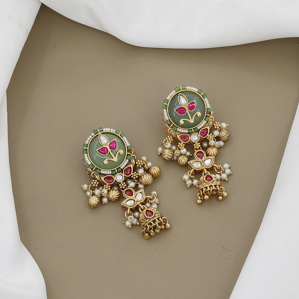 Grand Layered Gold Plated Necklace with Kundan, Ruby & Green Stone