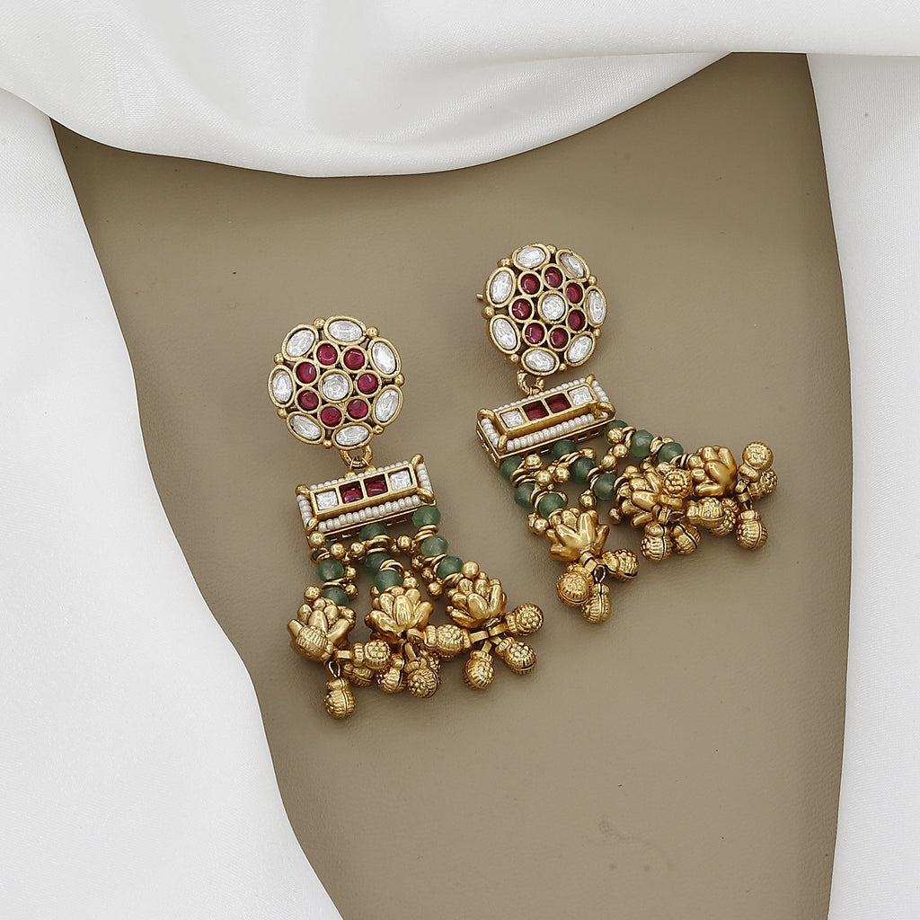 Vintage-Inspired Gold Toned Necklace Set with Ruby, Kundan, and Emerald-like Beads