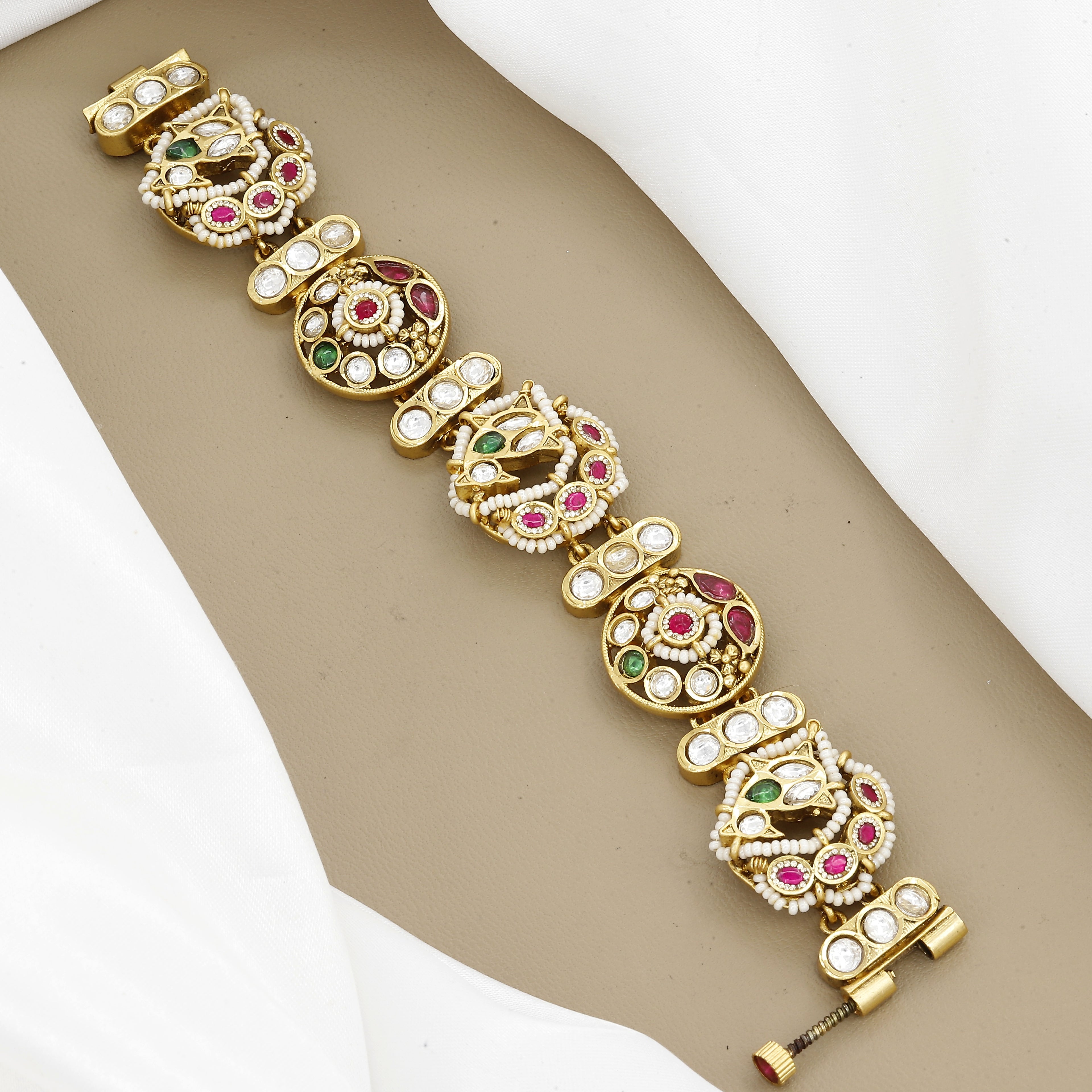 Traditional Kundan and Ruby-Green Linked Antique Bracelet