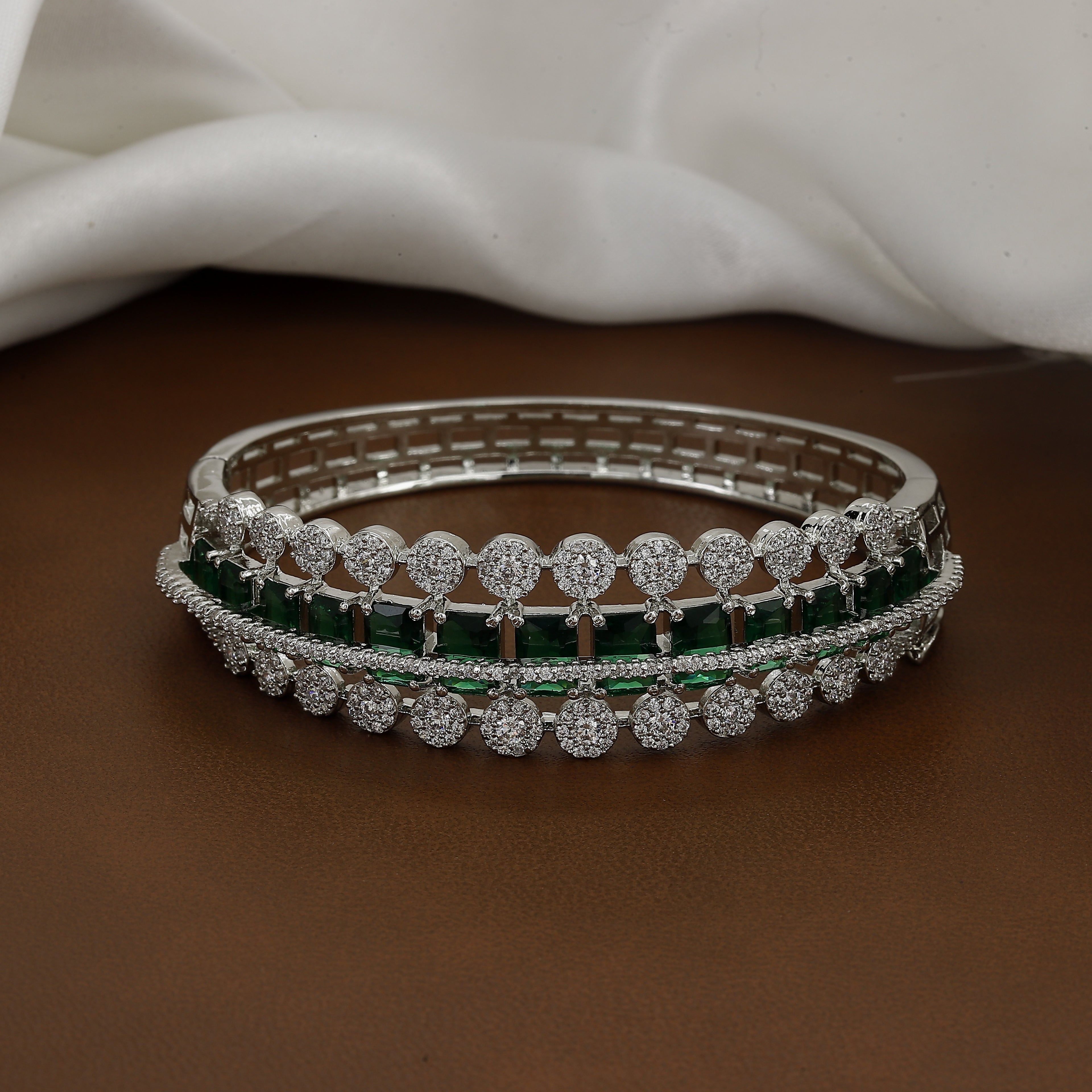 Triple Layer Diamond-Studded Silver Toned Bangle Kada With Colors