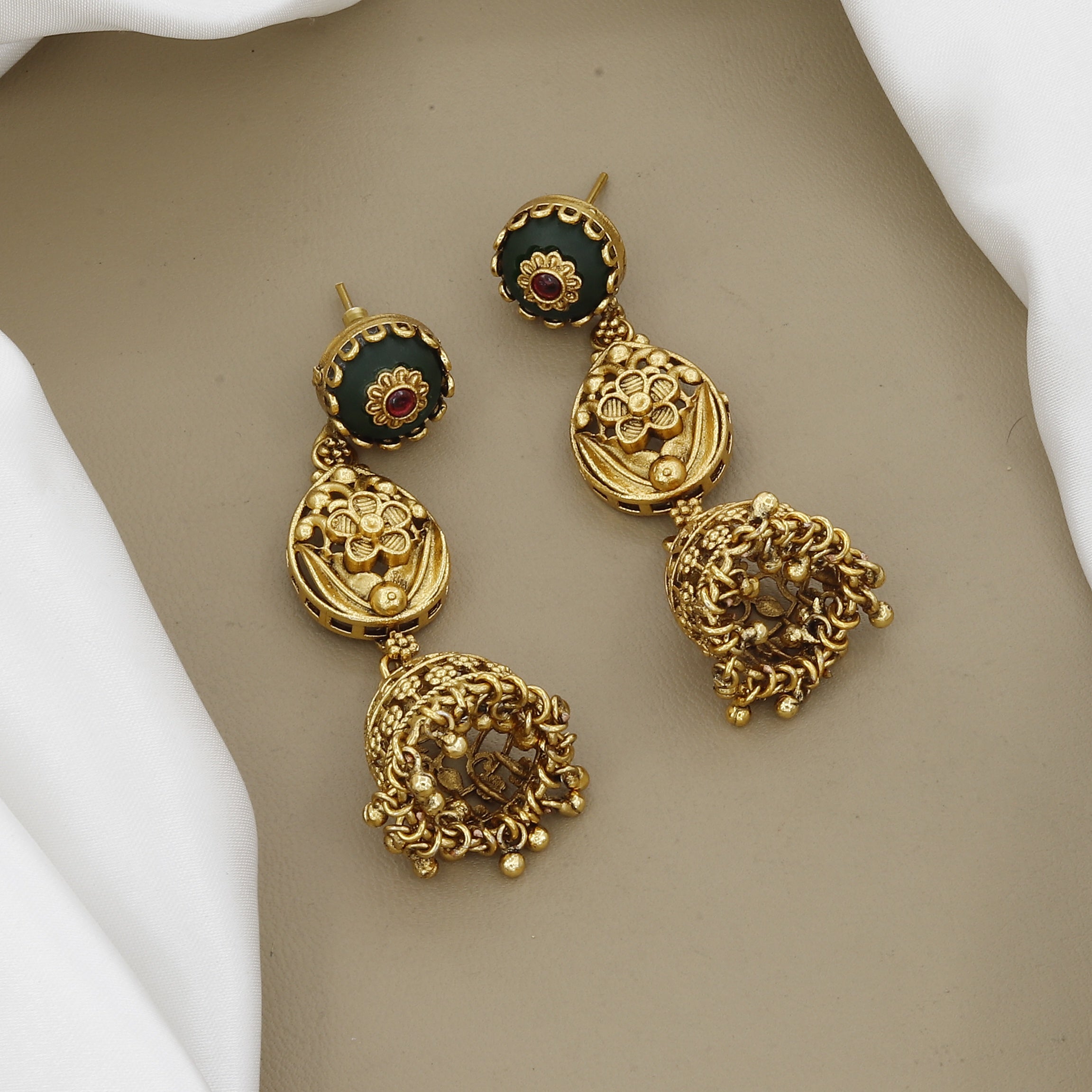 Traditional Matte Gold Floral Choker Necklace Set with Jhumkas