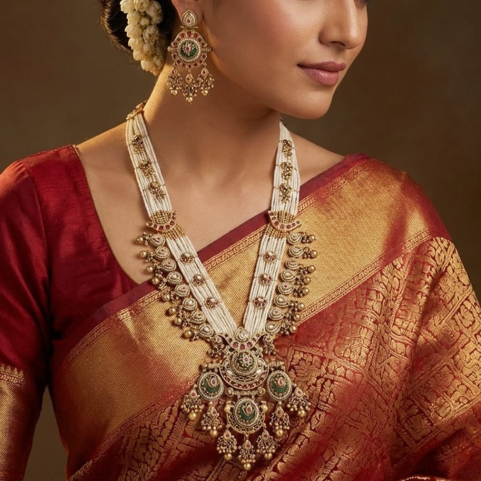 Woman wearing traditional jewelry and a saree with a brown background