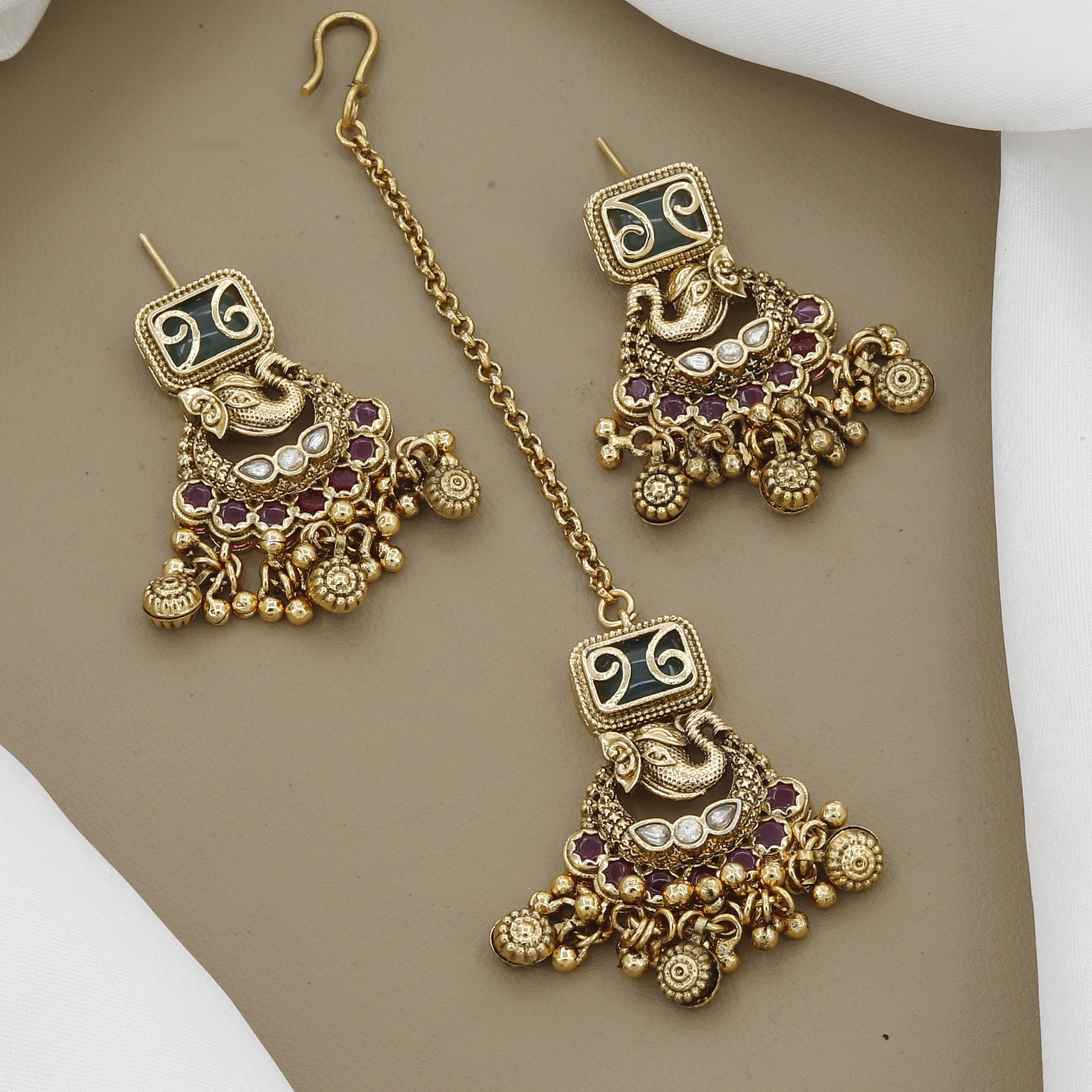 Antique Gold Peacock Necklace Set with Maang Tikka