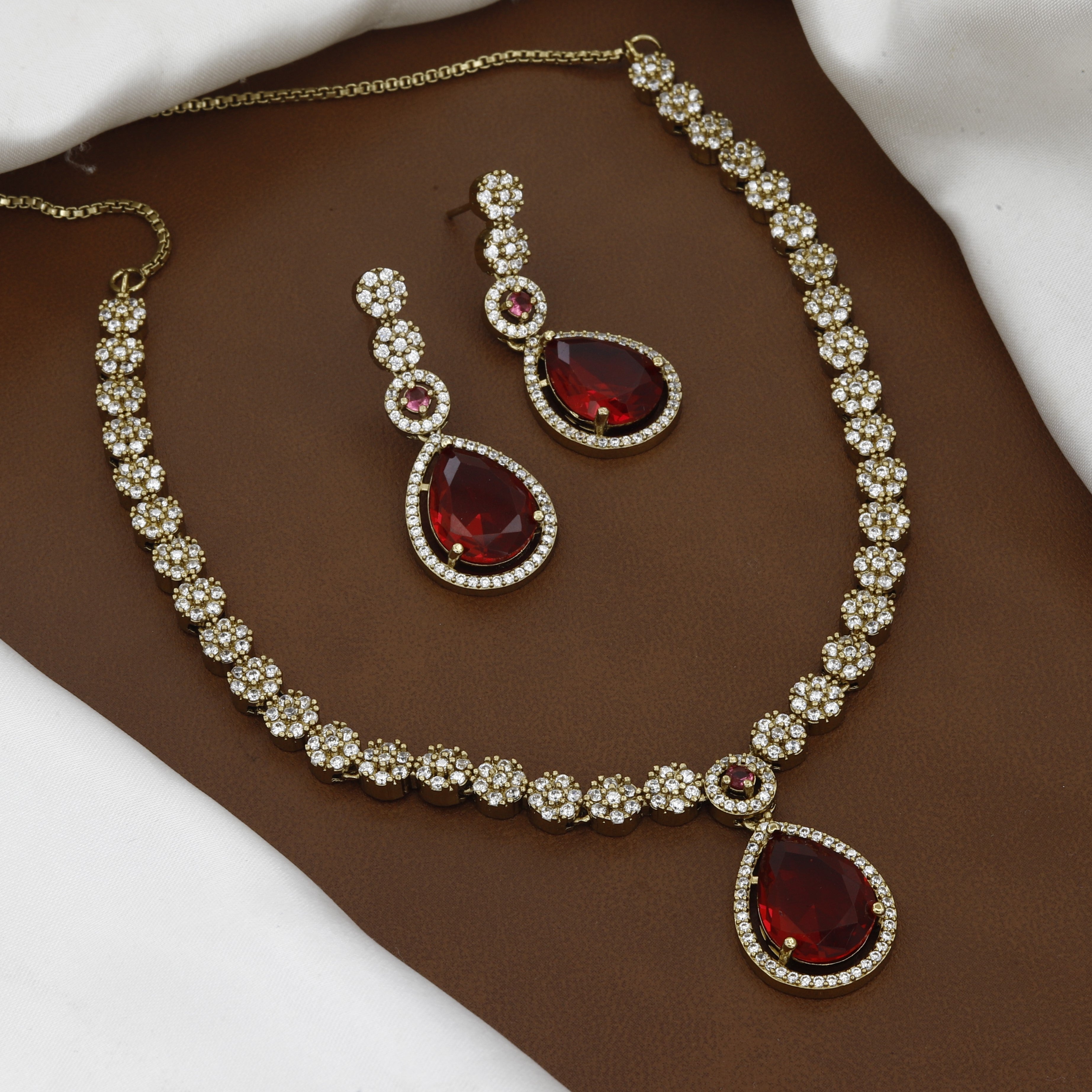 Mehndi Polished CZ Floral Necklace Set with Green Drop Stones