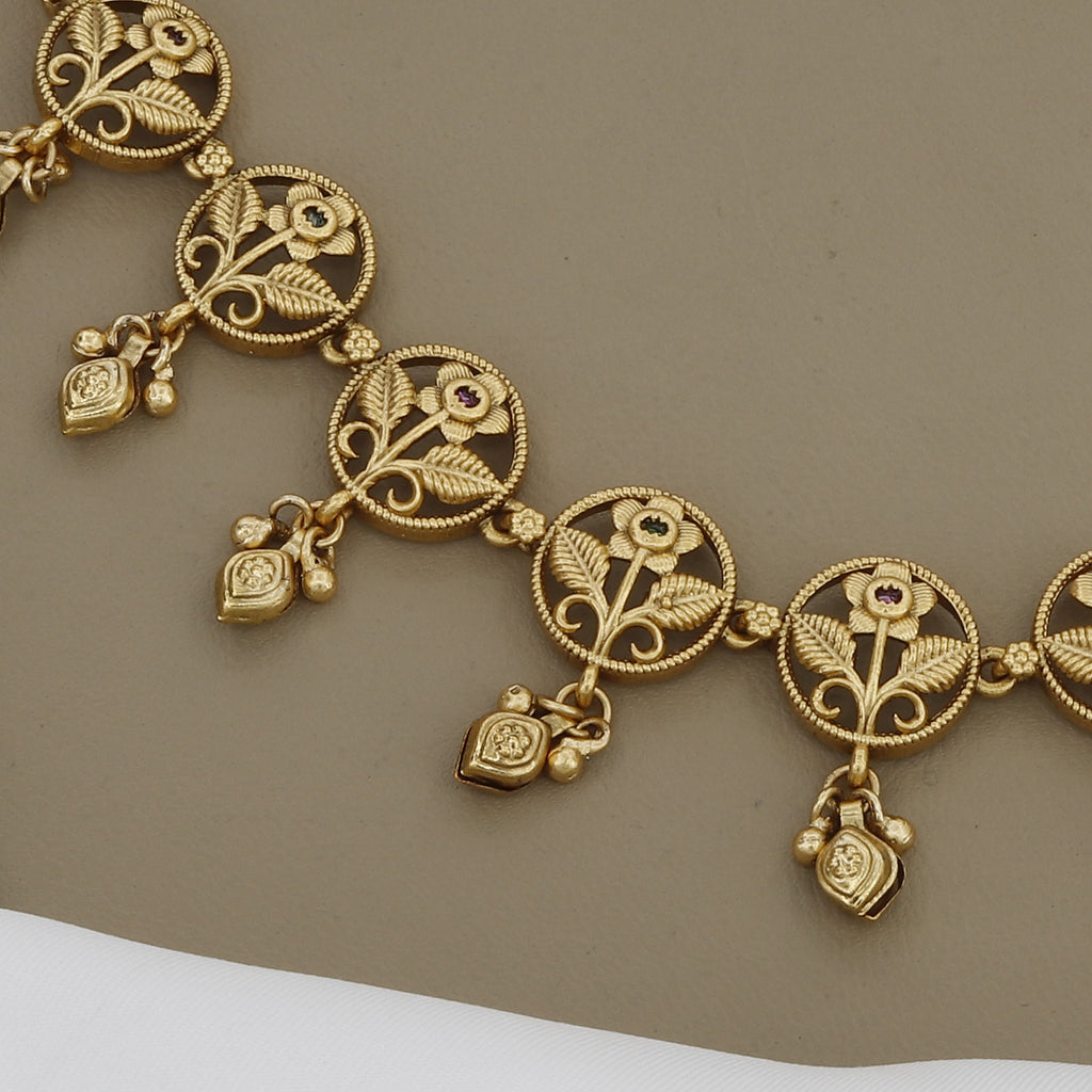 Charming Antique Gold Finish Necklace Set with Floral Filigree & Jhumki Earrings