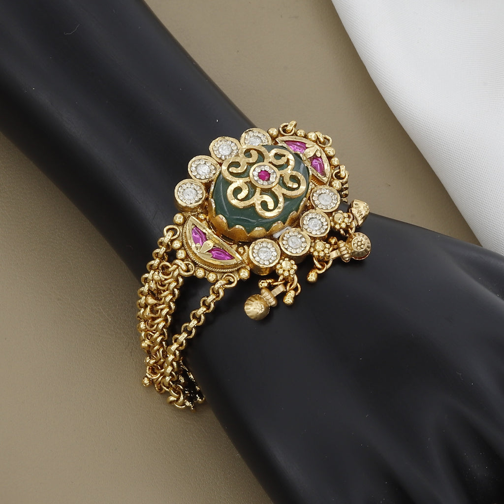 Traditional Gold Chain Bracelet with Green Enamel and Kundan Dangles