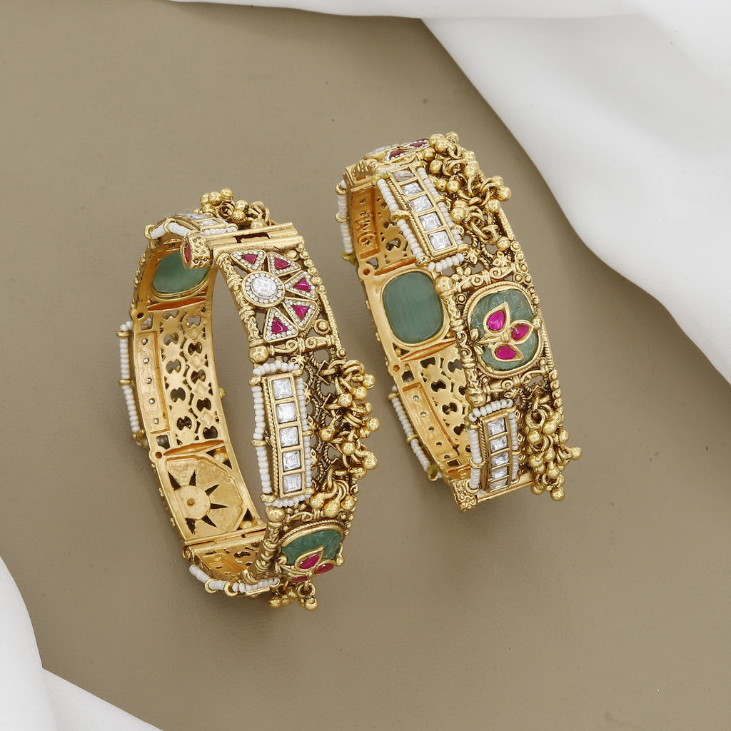 Antique Broad Patla Set with Polki, Green Stones & Pearl Drop