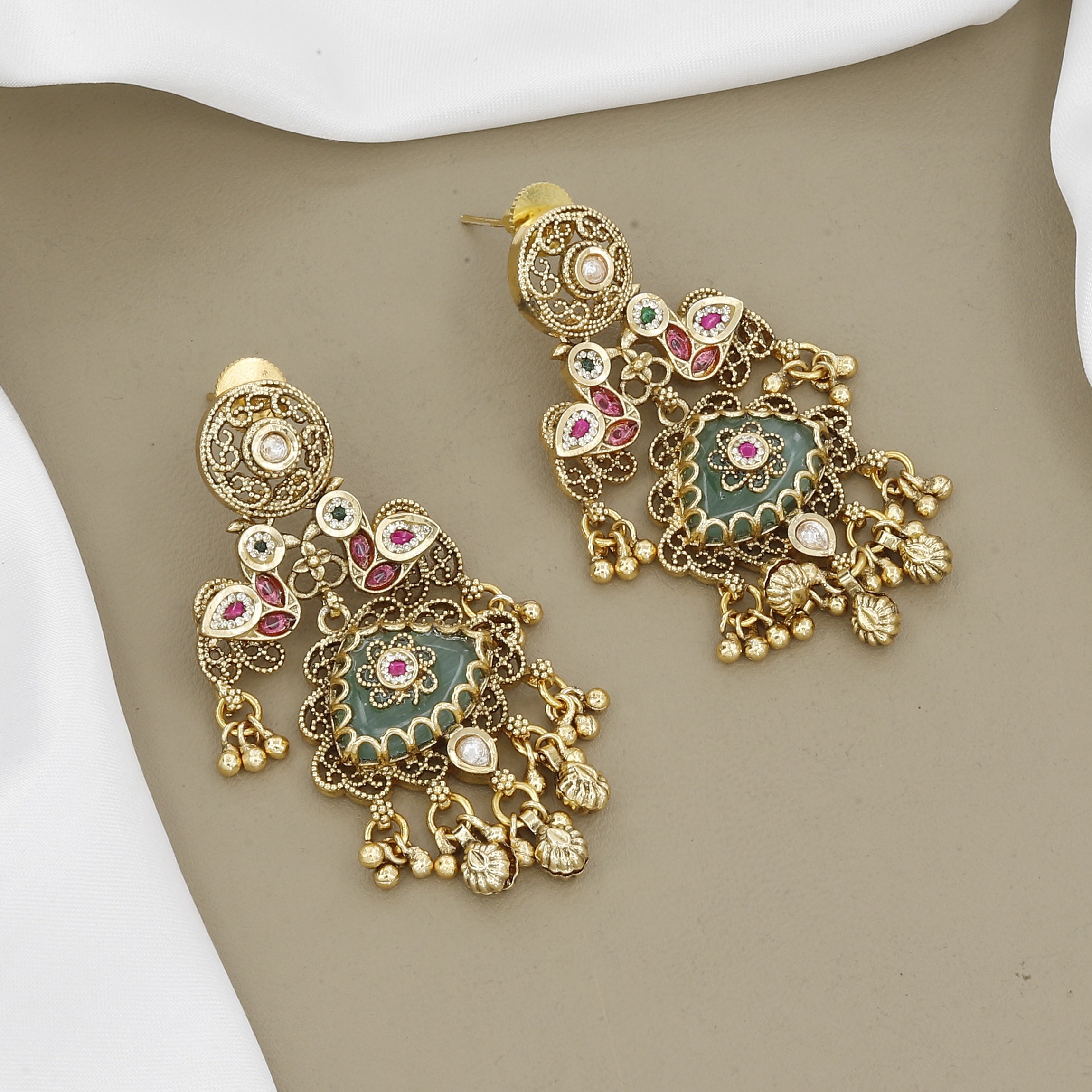 Antique Gold-Plated Temple Jewelry Set with Green Stones & Peacock Motifs