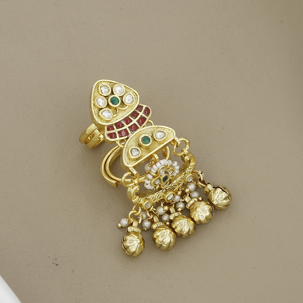 Traditional Indian Gold-Plated Kundan Meenakari Long Ring with Pearls & Bells