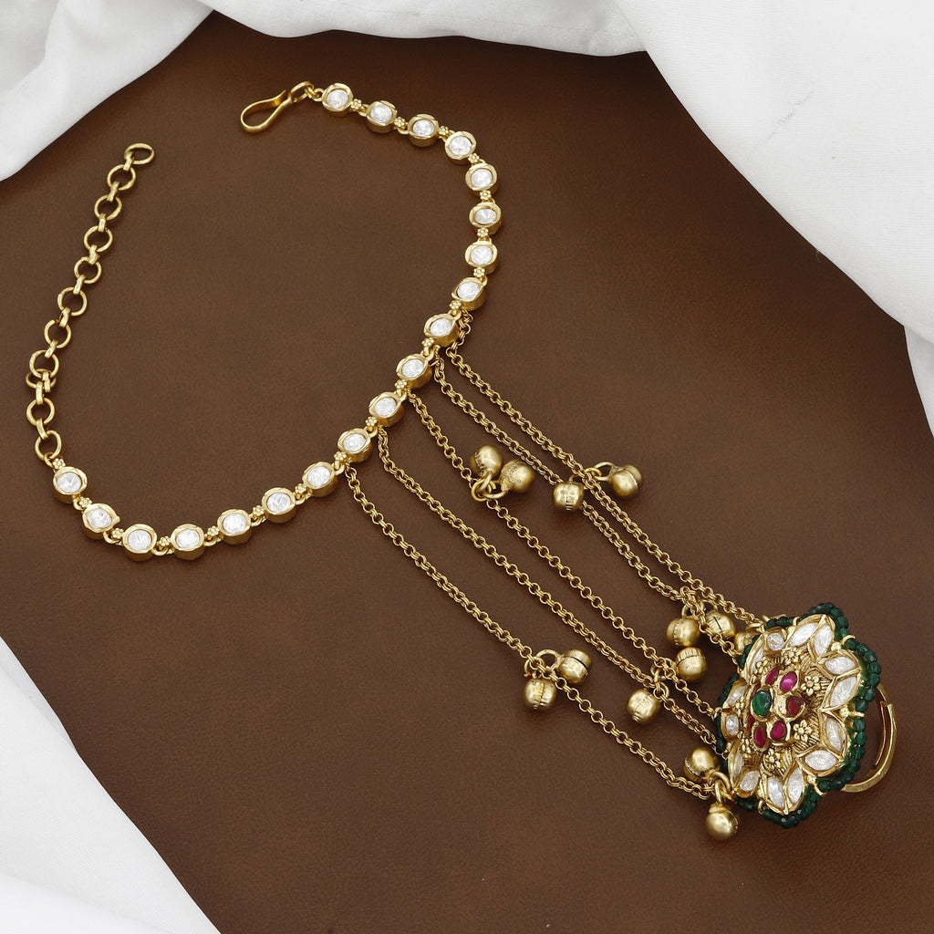 Antique Gold-Plated Kundan Hathphool with Floral Medallion and Ghungroo Drops
