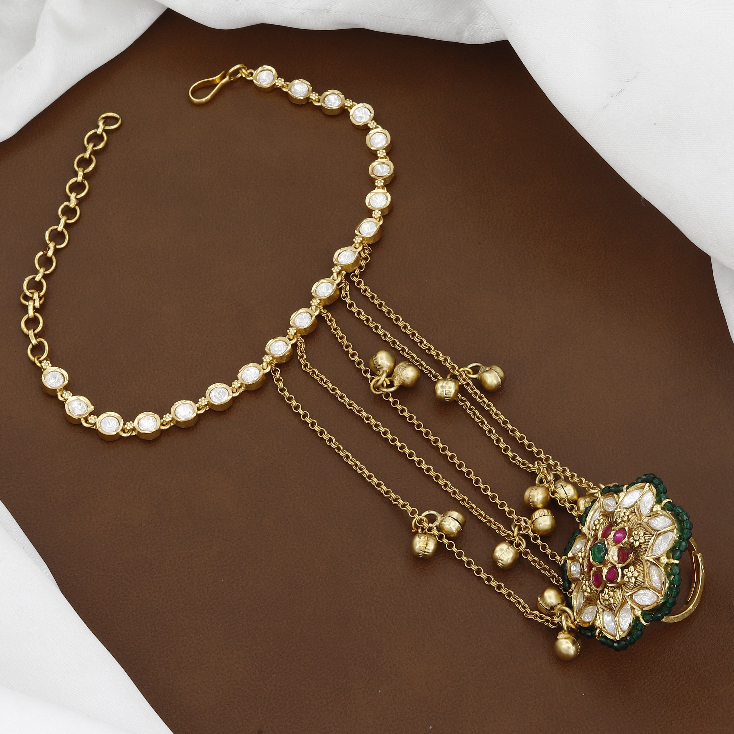 Antique Gold-Plated Kundan Hathphool with Floral Medallion and Ghungroo Drops