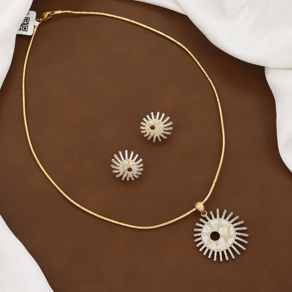Modern Gold Sunburst Pendant Set with White Inlay & Stones