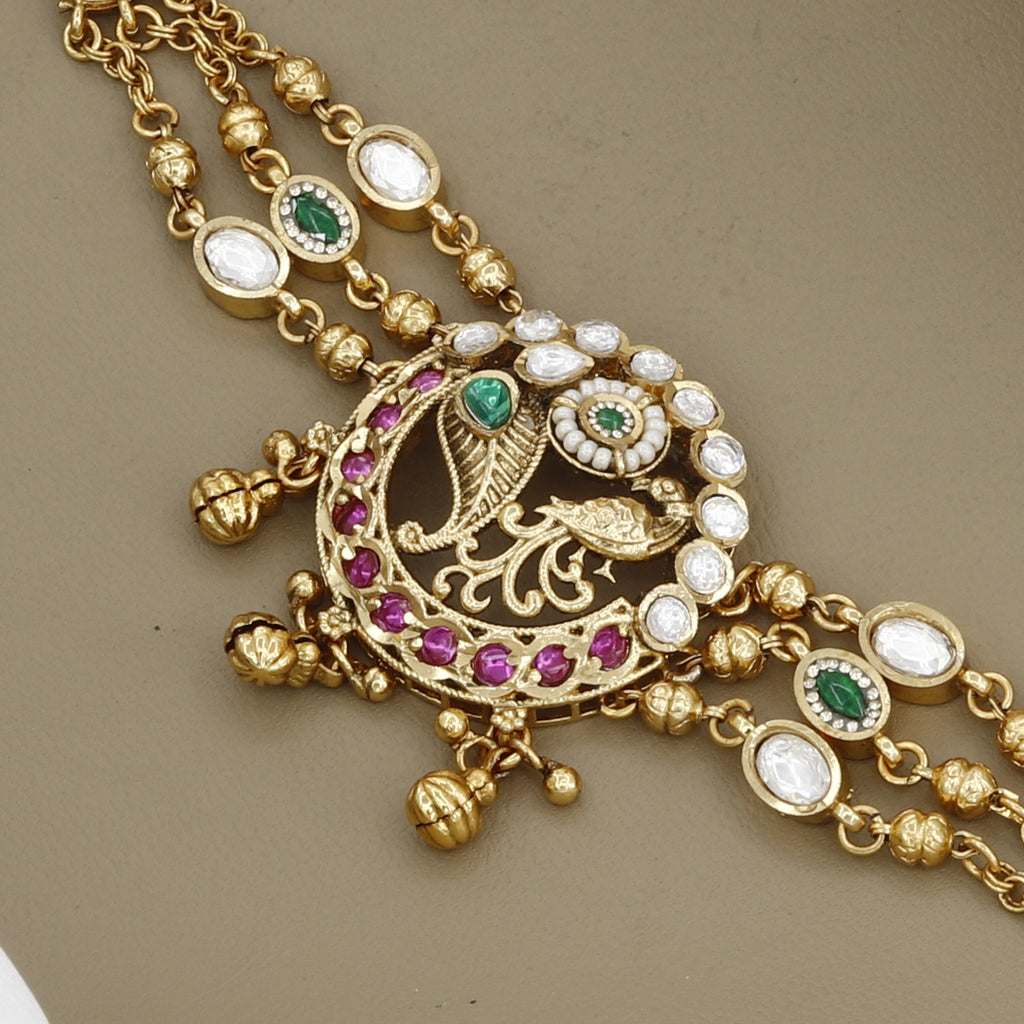 Traditional Indian Gold-Plated Peacock Kundan Meenakari Multi-Strand Bracelet