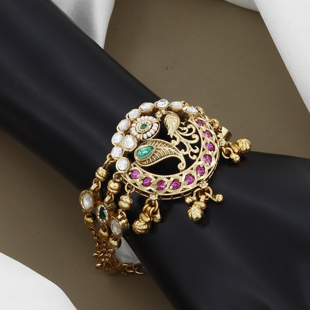 Traditional Indian Gold-Plated Peacock Kundan Meenakari Multi-Strand Bracelet