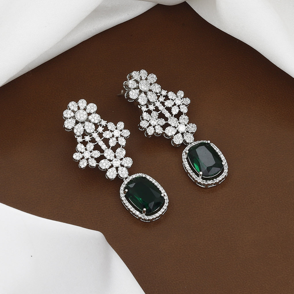 Emerald Green & American Diamond 3-Layer Floral Necklace Set (With Chain)