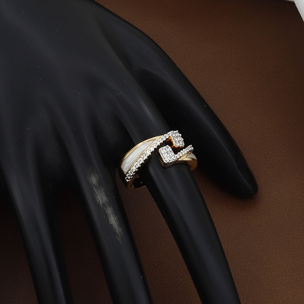 Elegant Two-Tone Gold Ring with Mother of Pearl & Crystal Pave