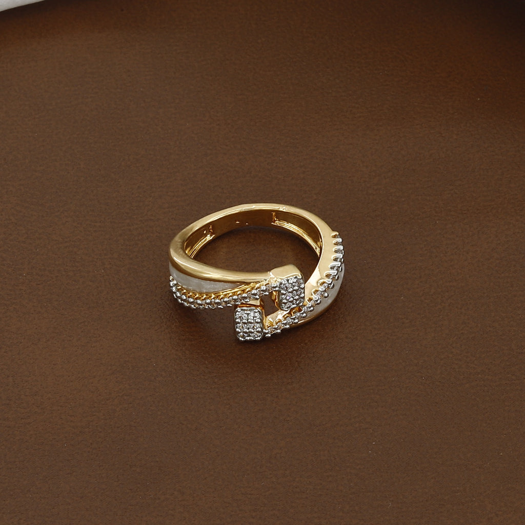 Elegant Two-Tone Gold Ring with Mother of Pearl & Crystal Pave