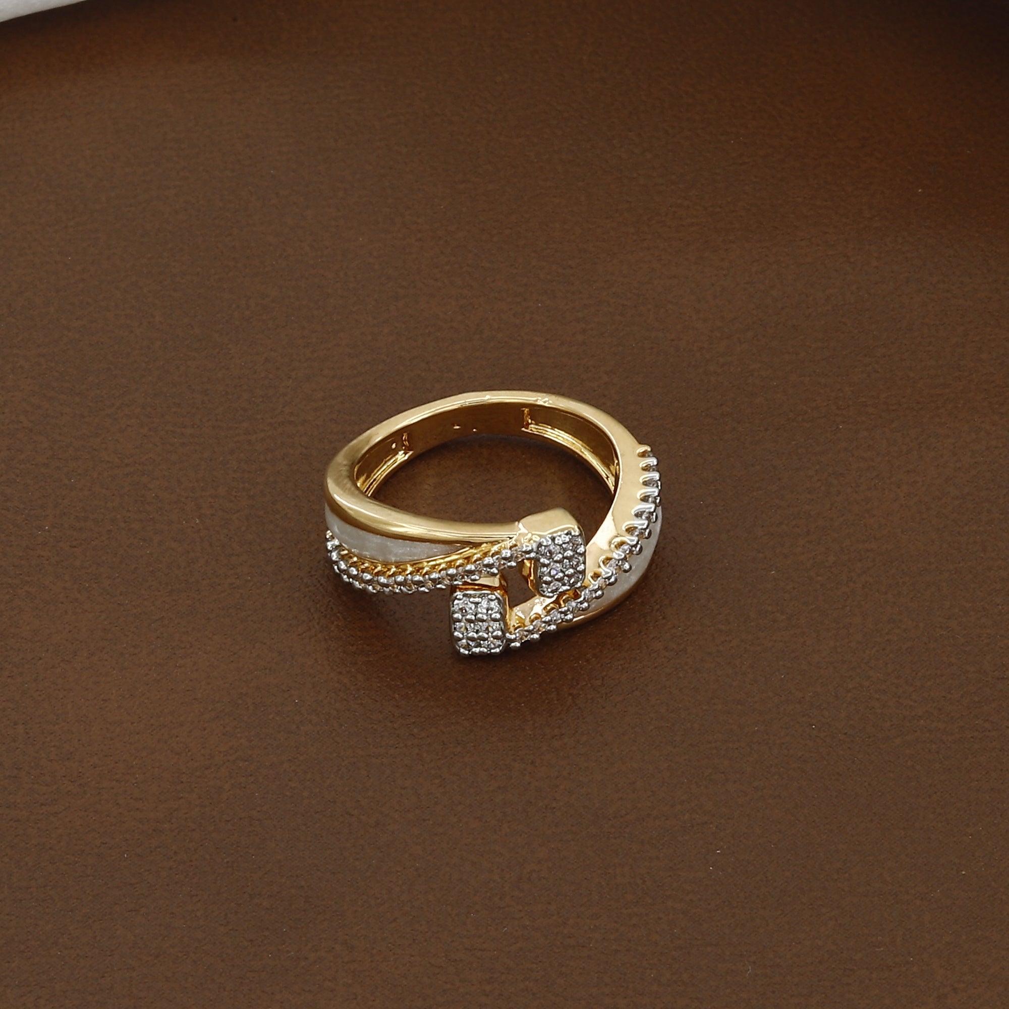 Elegant Two-Tone Gold Ring with Mother of Pearl & Crystal Pave
