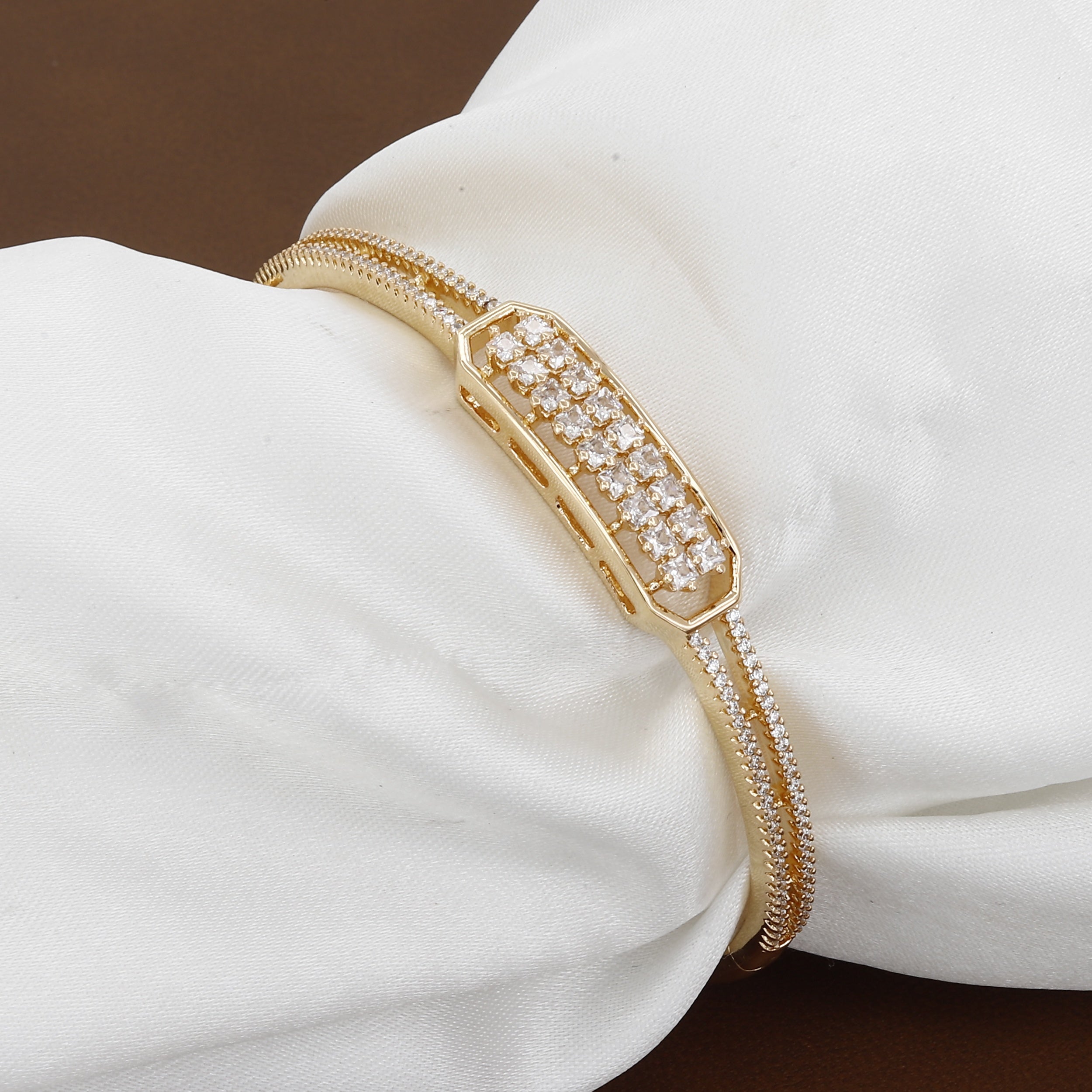 Gold-Tone Geometric Bangle with Square-Cut Crystals & Pave Band