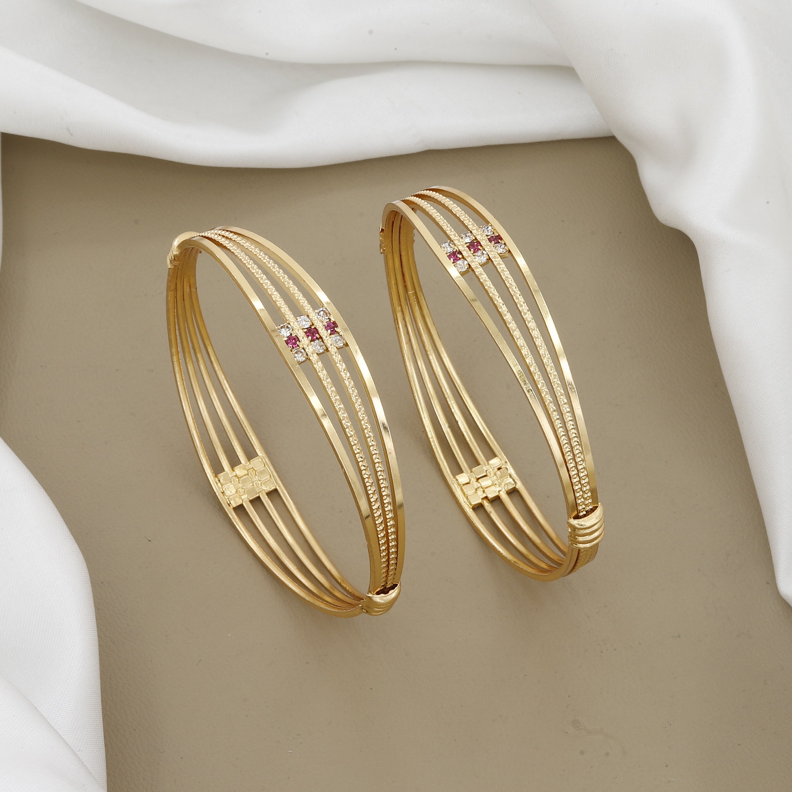 Modern Multi-Line Gold Bangle Set with Ruby and Diamond Accents