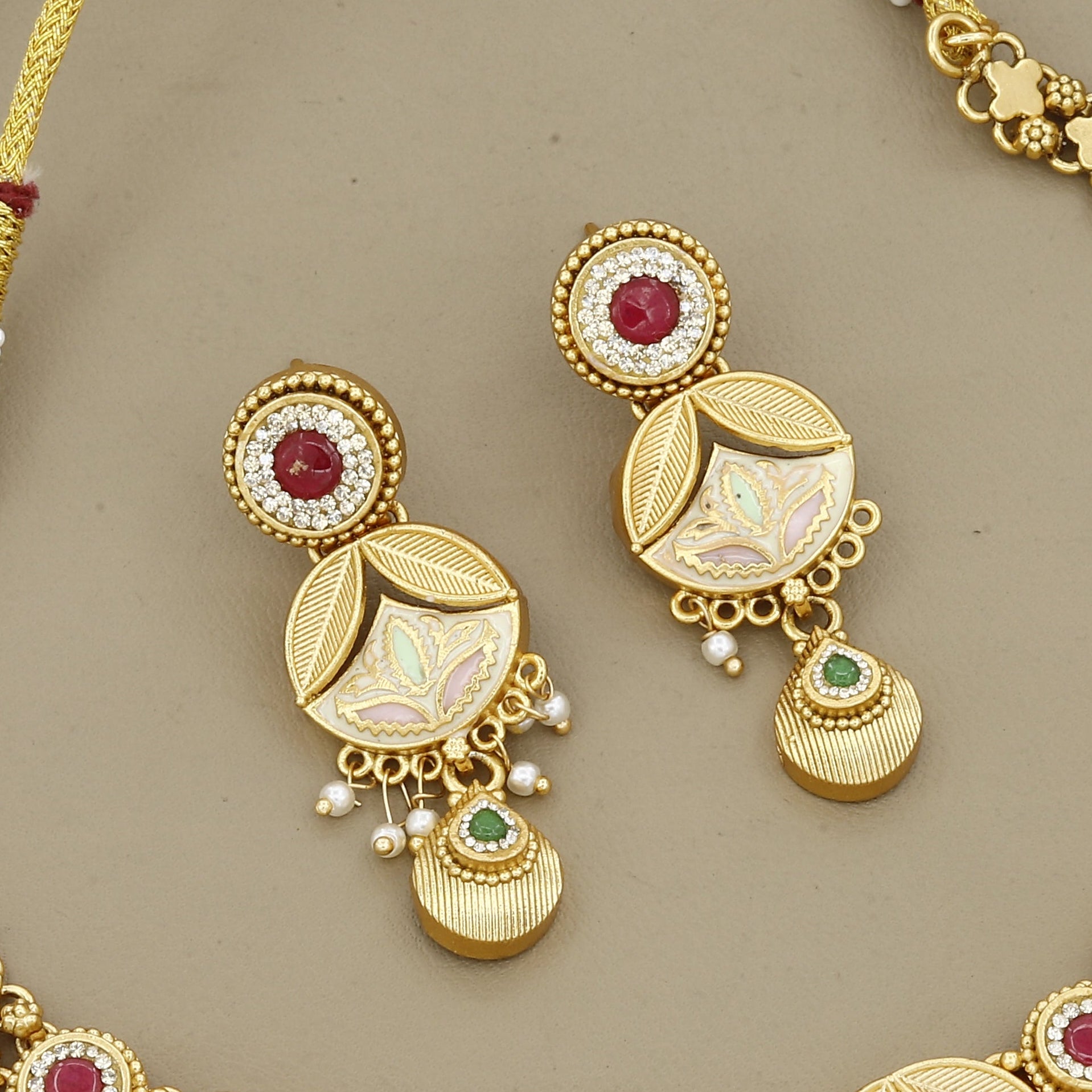 Gold-Plated Meenakari Necklace Set with Pastel Enamel & Pearl Droplets