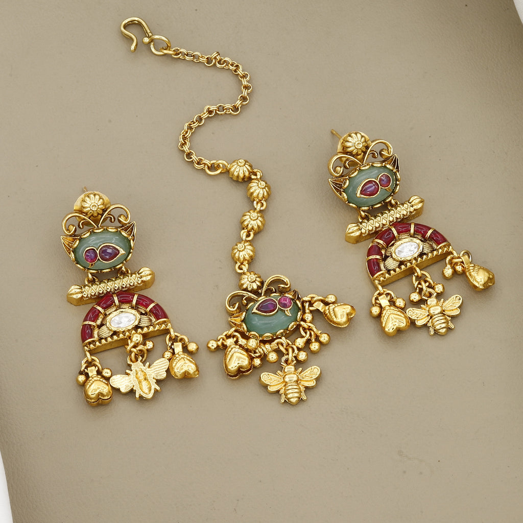 Antique Gold Floral Necklace Set with Bee Charms & Maang Tikka