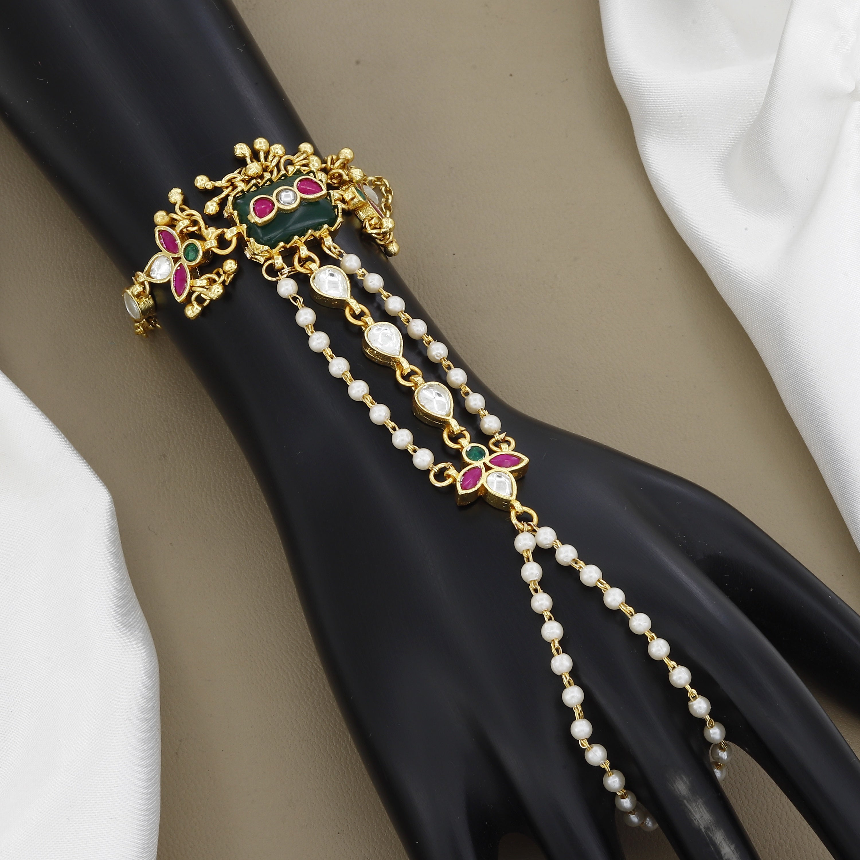 Antique Multi-Strand Pearl & Kundan Haathpanja