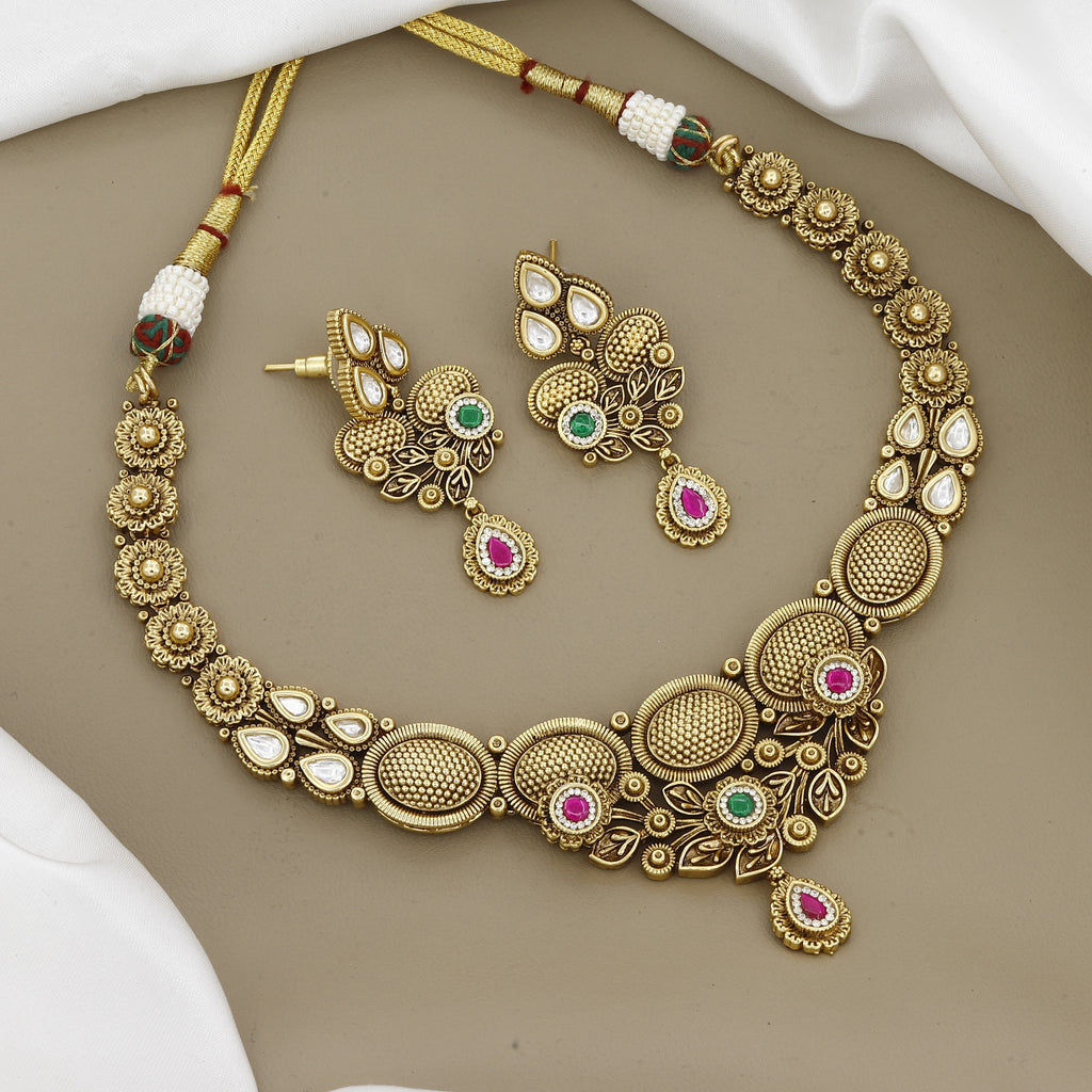 Traditional Kundan Style Floral Gold Necklace & Earring Set