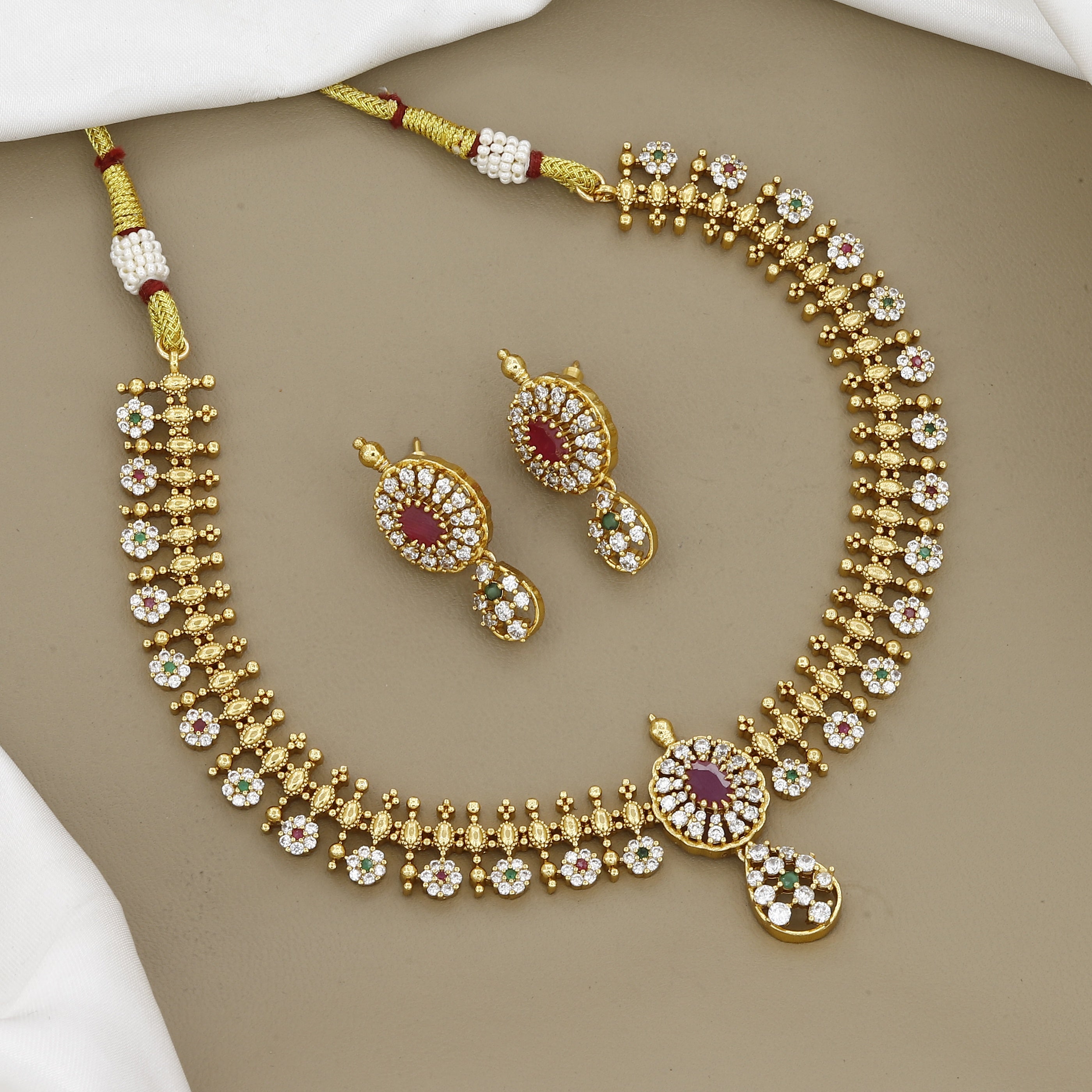Luxury Gold-Plated CZ Stone Necklace Set with Ruby Accents & Floral Motifs