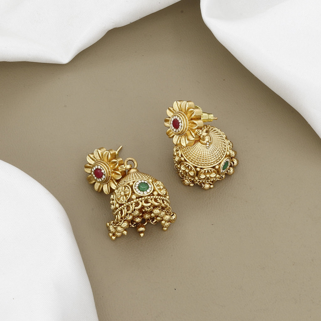 Traditional Gold-Plated Sun-Motif Temple Necklace Set with Ruby & Emerald Beads